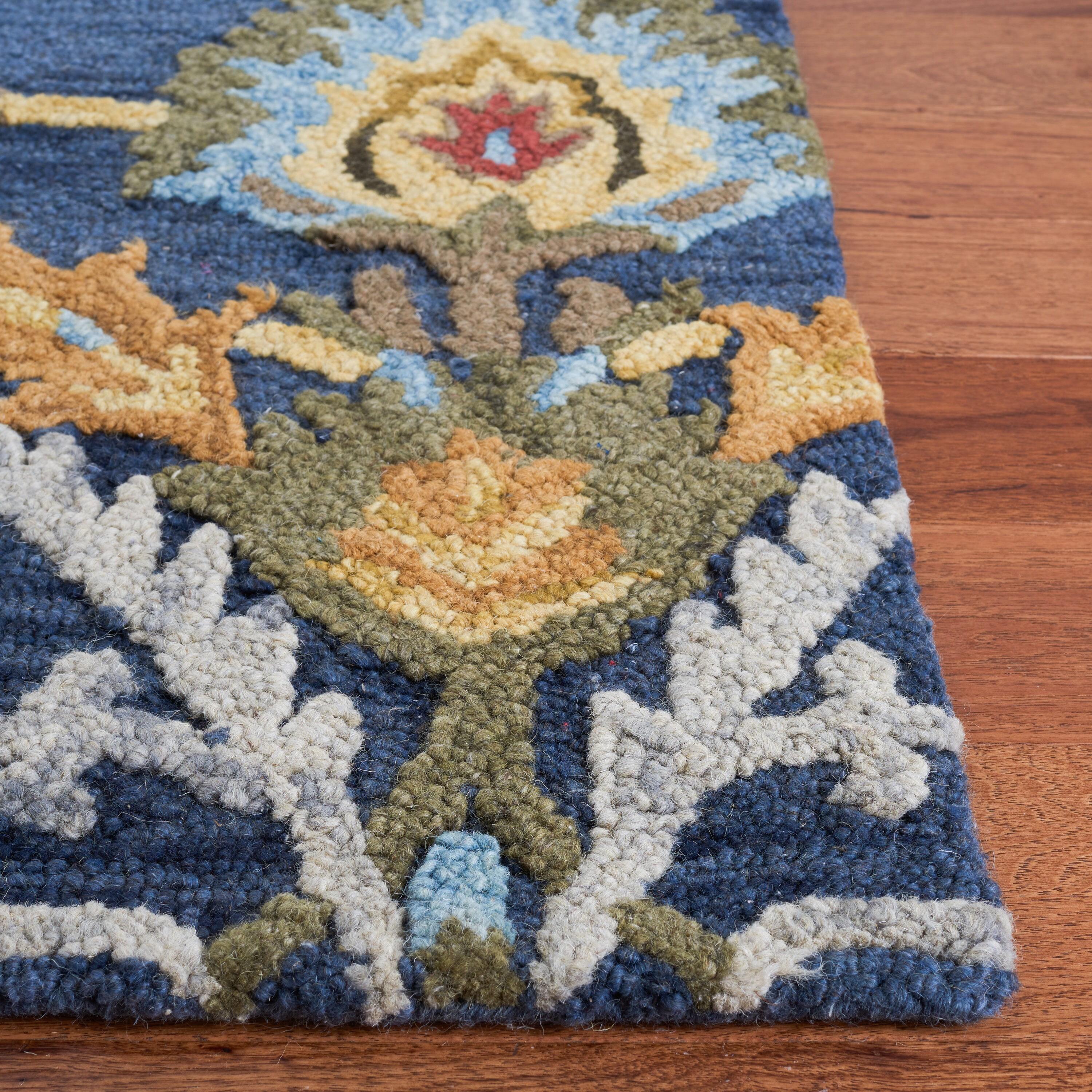 Handmade Tufted Wool Square Rug in Navy & Multi - 59"