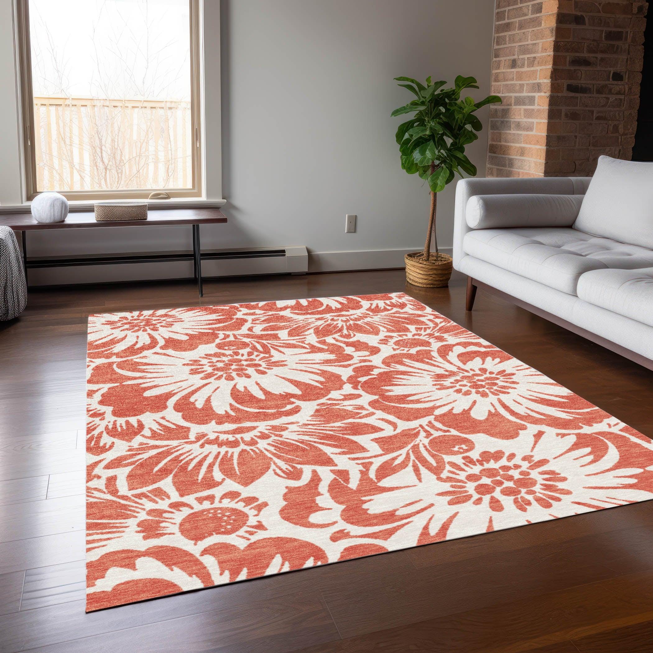 Salmon Floral Synthetic Rectangular Washable Rug 9' x 12'