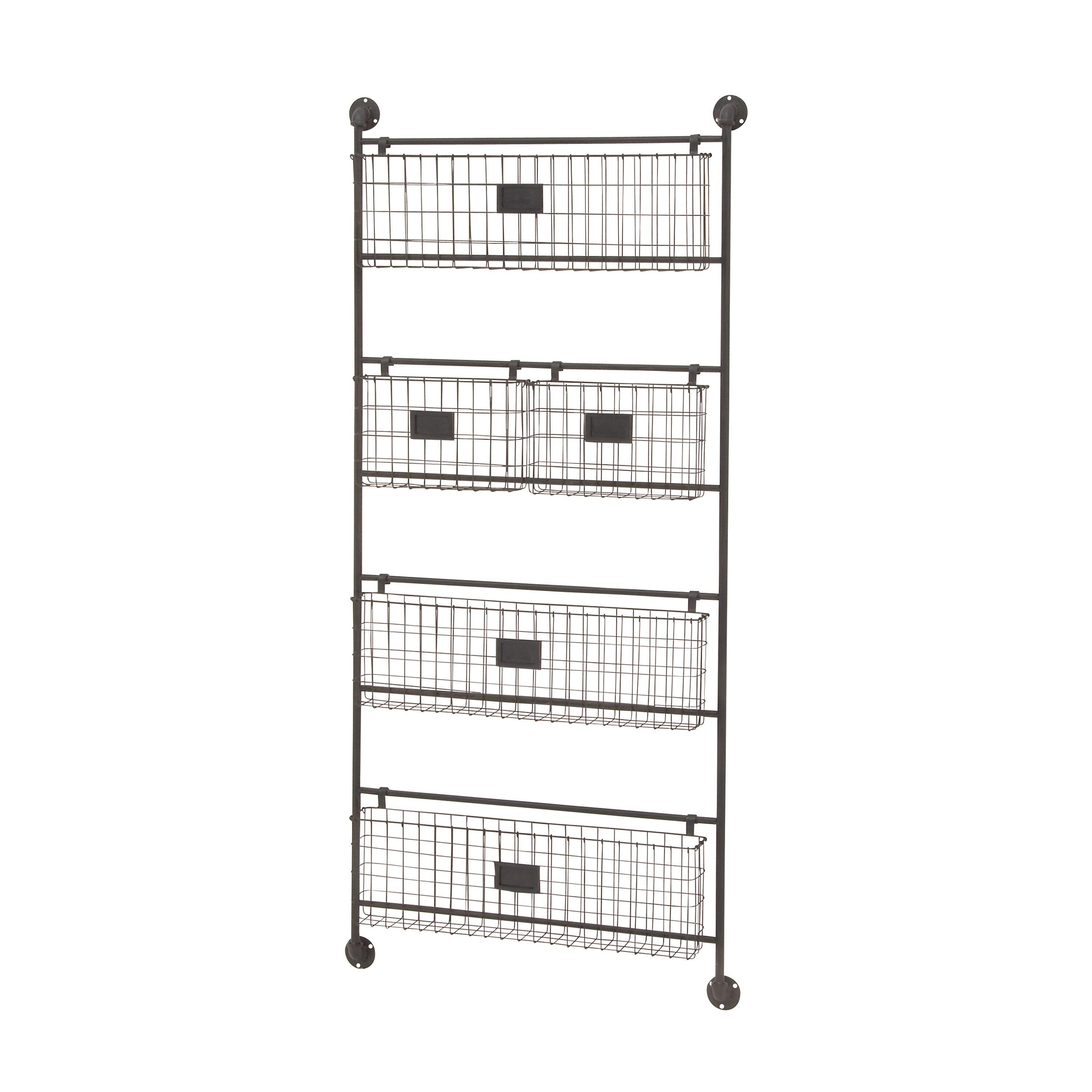 DecMode 4-Tier Industrial Wall Organizer Basket and Magazine Rack Holder, 27"W x 5"L x 61"H, Black Metal with Rustic Distressed Finish