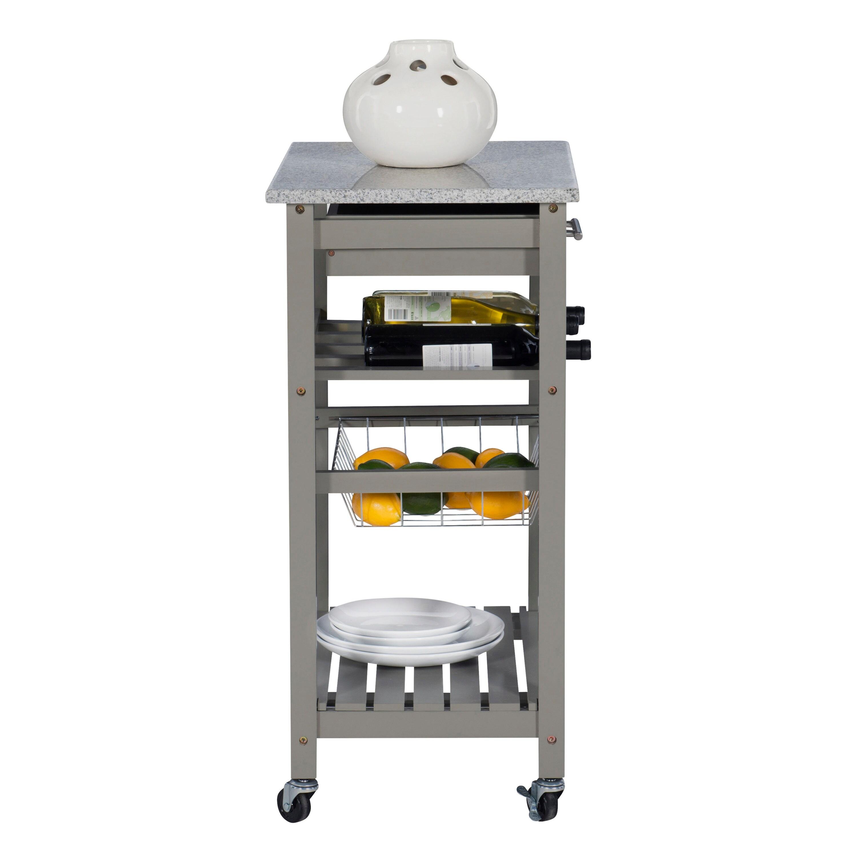 Roger Gray Wood Movable Kitchen Cart Granite Top Storage Wine Rack Locking Wheels - Linon