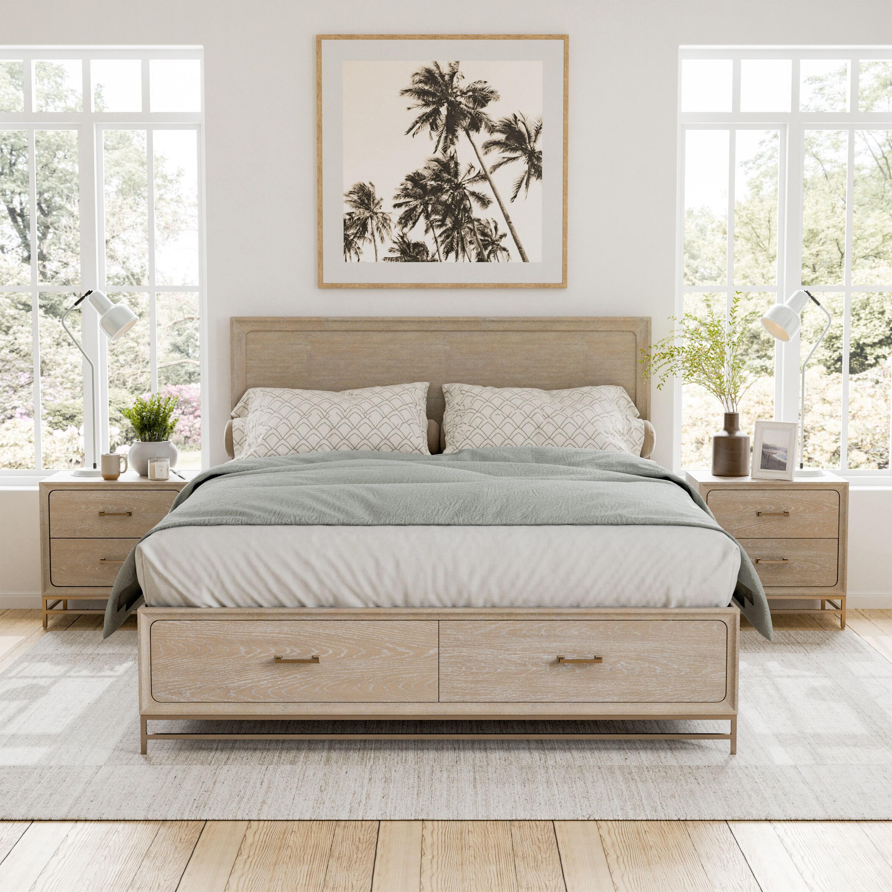 HOMES: Inside + Out 3pc Queen Neovesi Platform Bedroom Set Boho with 2 Nightstands Oak