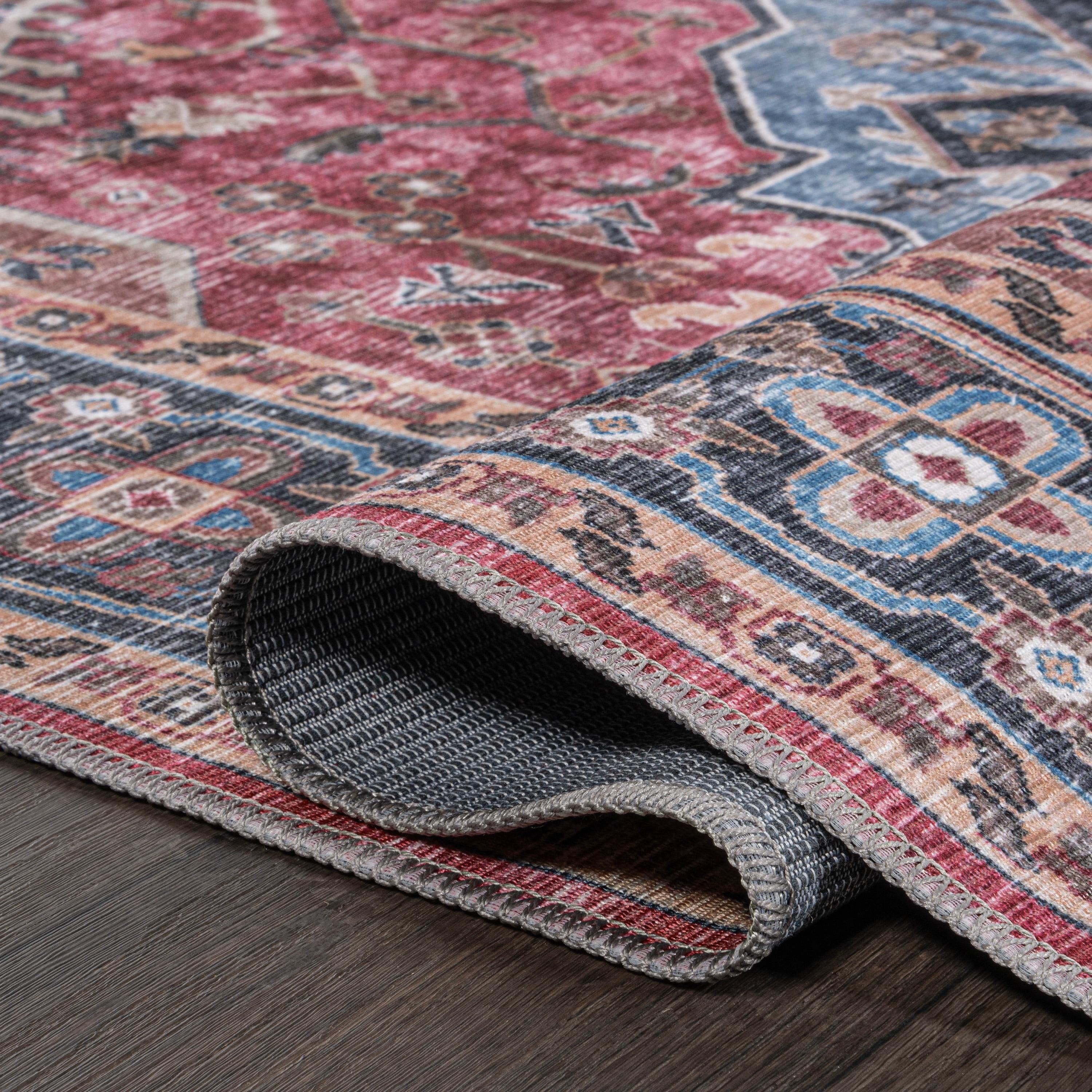 Alacati Ogee Medallion Machine-Washable Red/Blue/Brown 3 ft. x 5 ft. Area Rug - JONATHAN Y
