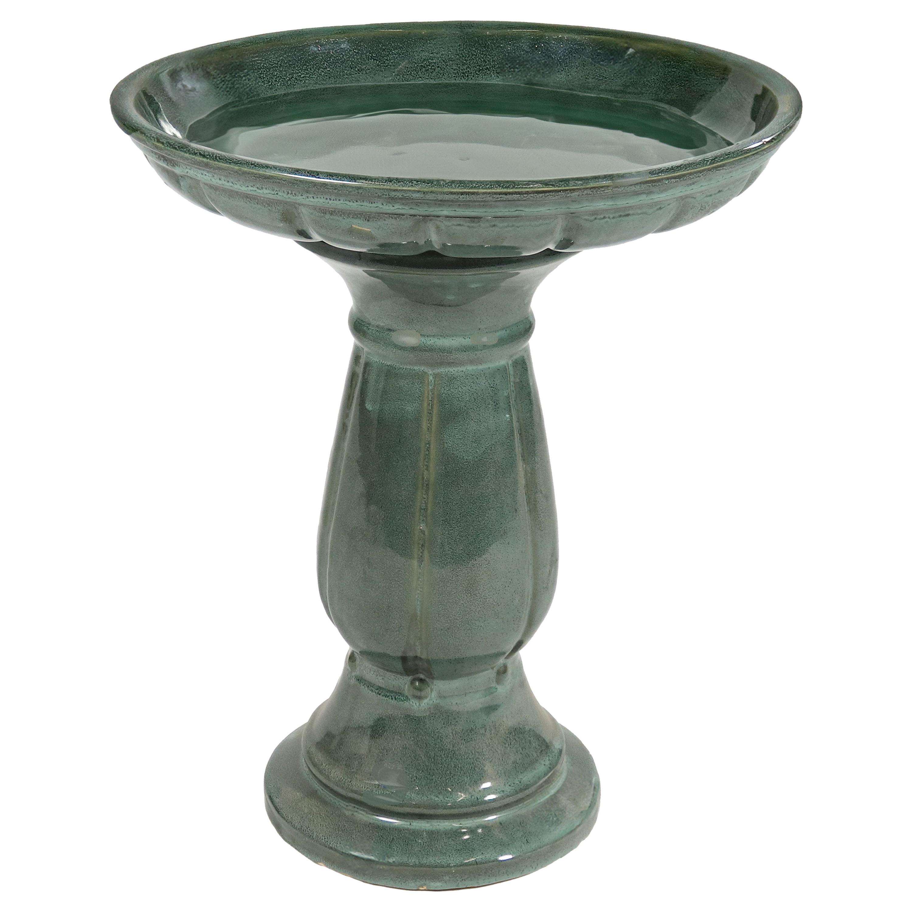 Lark Manor™ Aubriela Freestanding Ceramic Outdoor Bird Bath, UV-Resistant Green Mist Finish