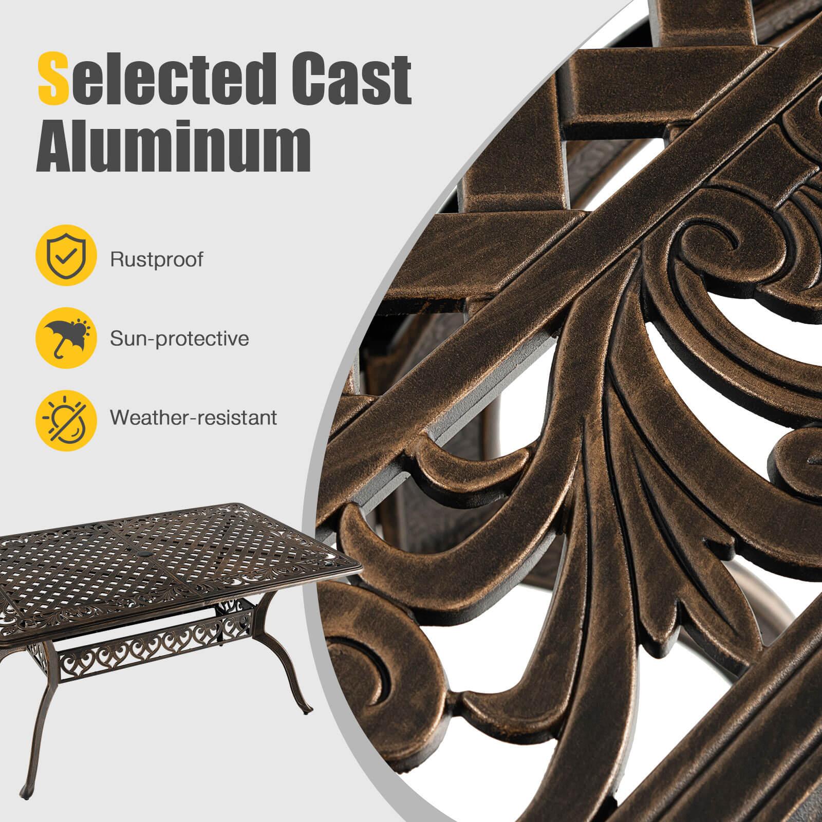 Outvita 59inch Patio Dinning Table, Outdoor Cast Aluminum Large Rectangle Table with Umbrella Hole and Antique Design for Backyard Pool Balcony Deck
