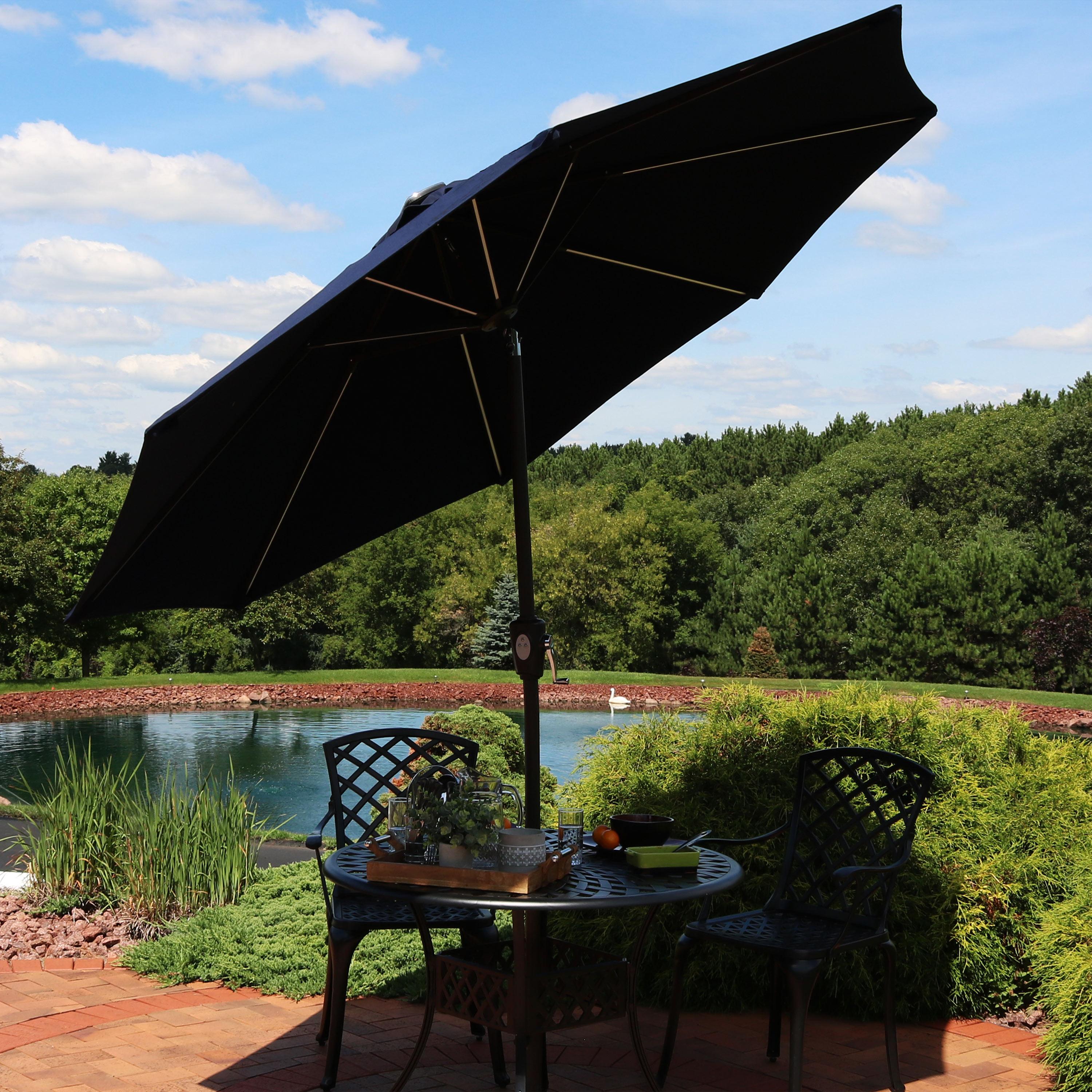 Sunnydaze Outdoor Solution-Dyed Sunbrella Pool Patio Umbrella with Solar LED Light Bars and Tilt - 9' - Navy Blue