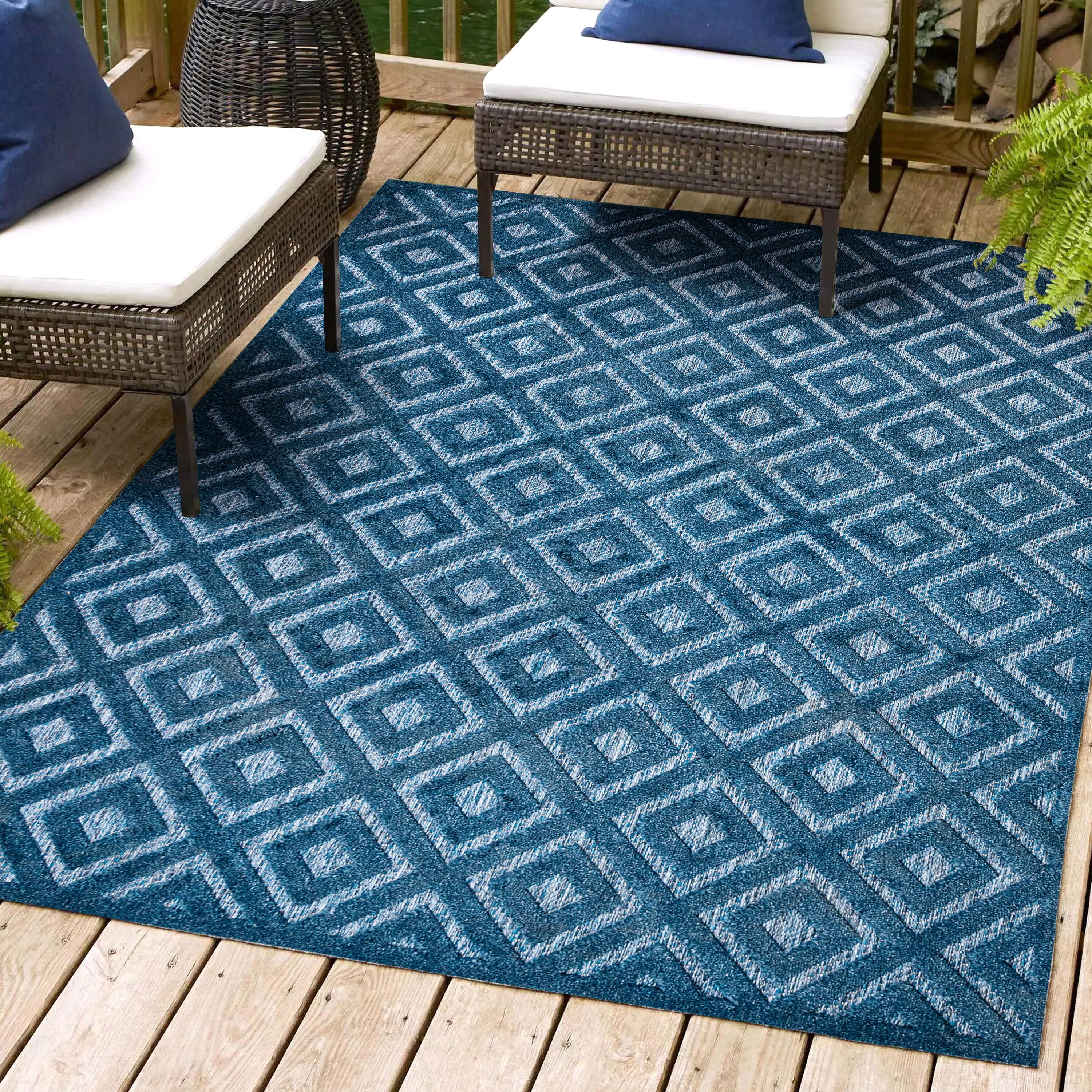 5'x8' Portmany Neutral Diamond Trellis Indoor/Outdoor Area Rug, Navy - JONATHAN Y