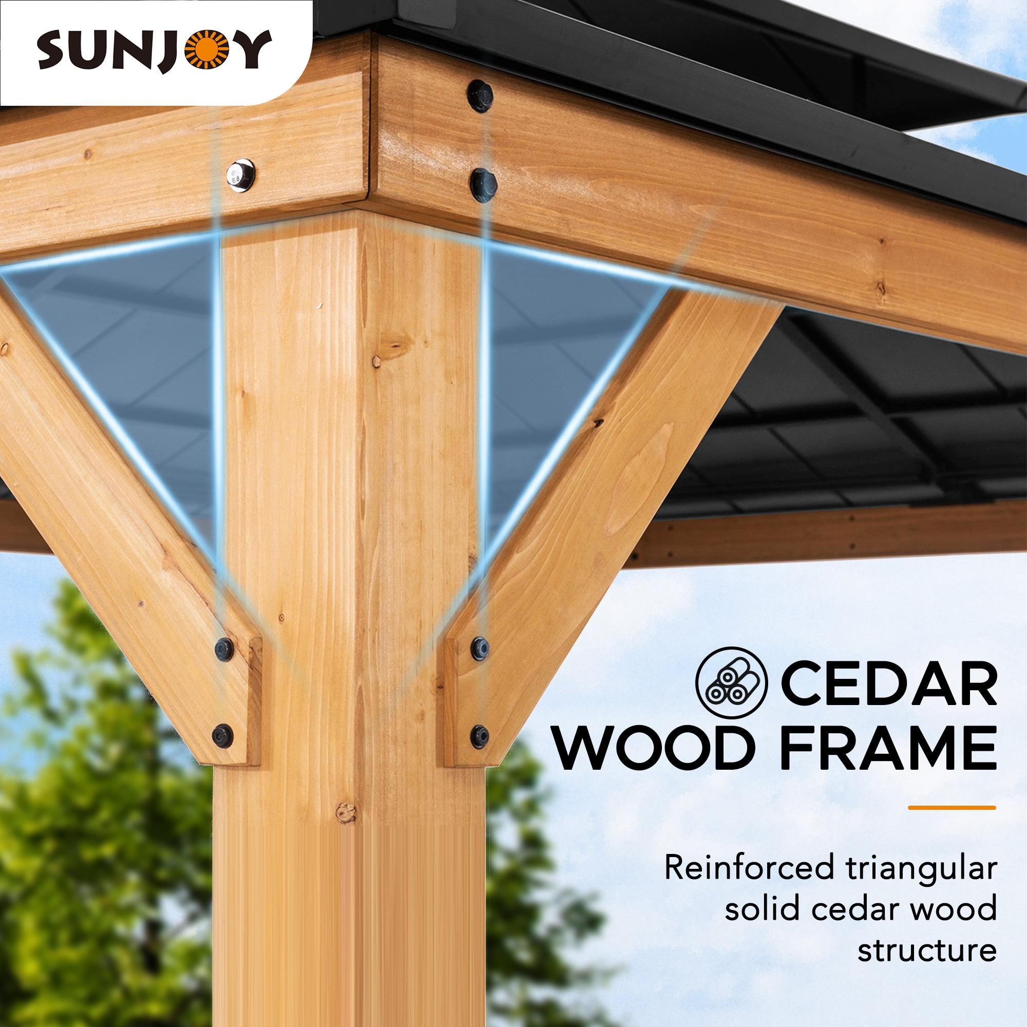 Sunjoy Wood Gazebo Cedar Framed Gaezbos with Black Double Steel Hardtop Roof for Garden,