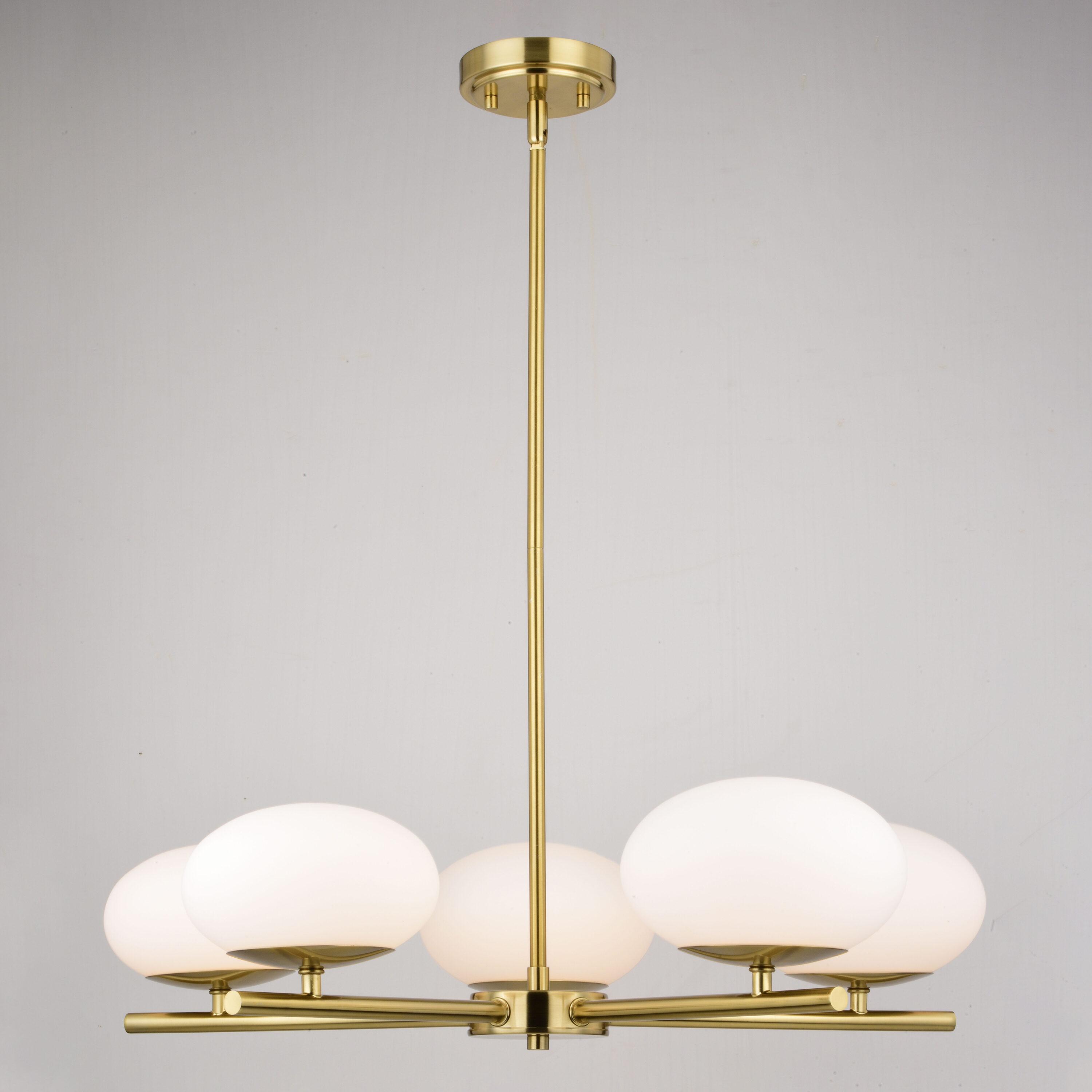 VAXCEL Sloane 5 Light LED Gold Satin Brass Mid-Century Modern Chandelier with White Glass Globes