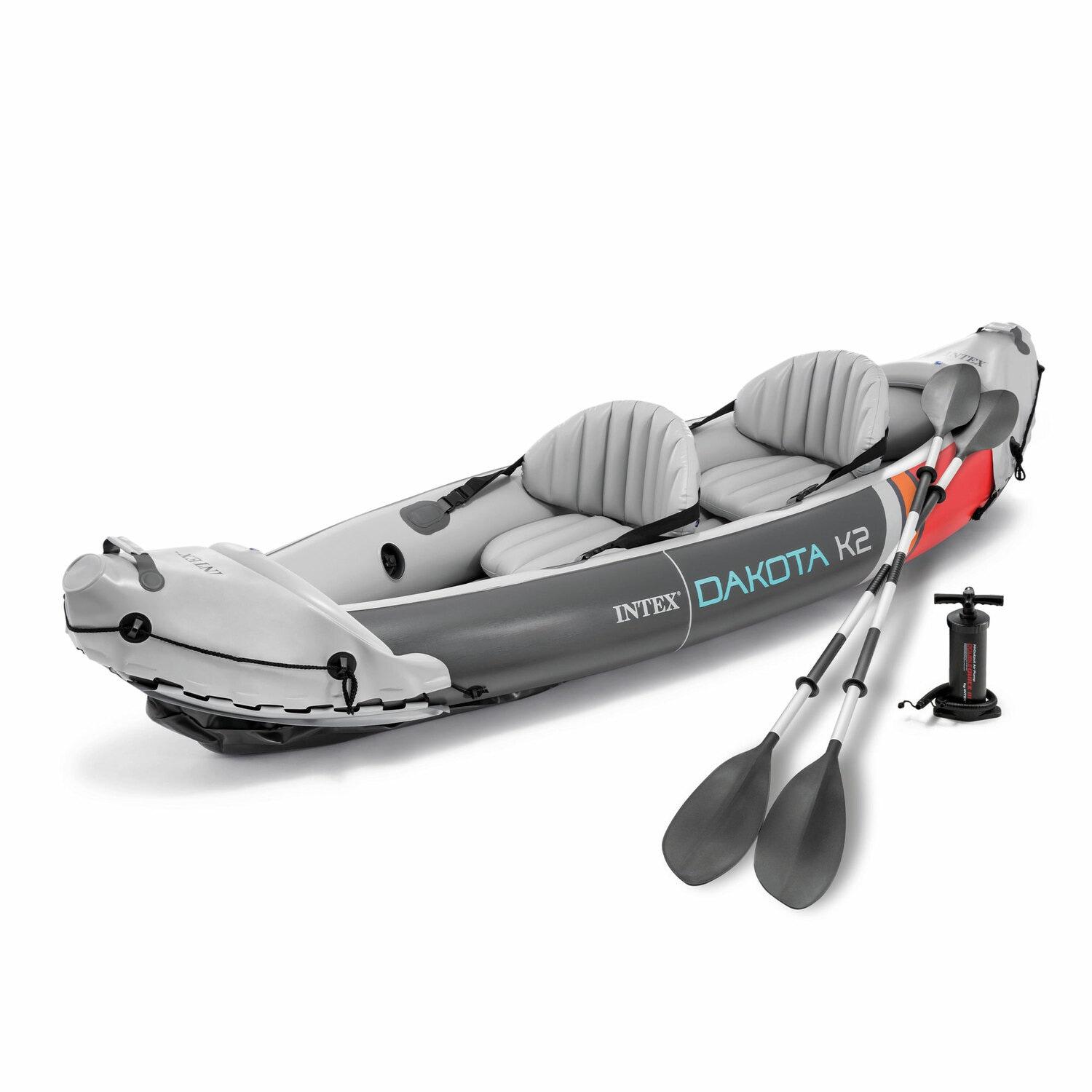 Intex Dakota K2 2 Person Inflatable Vinyl Kayak and Accessory Kit with 86 Inch Oars, Air Pump, and Carry Bag for Lakes and Rivers, Gray and Red