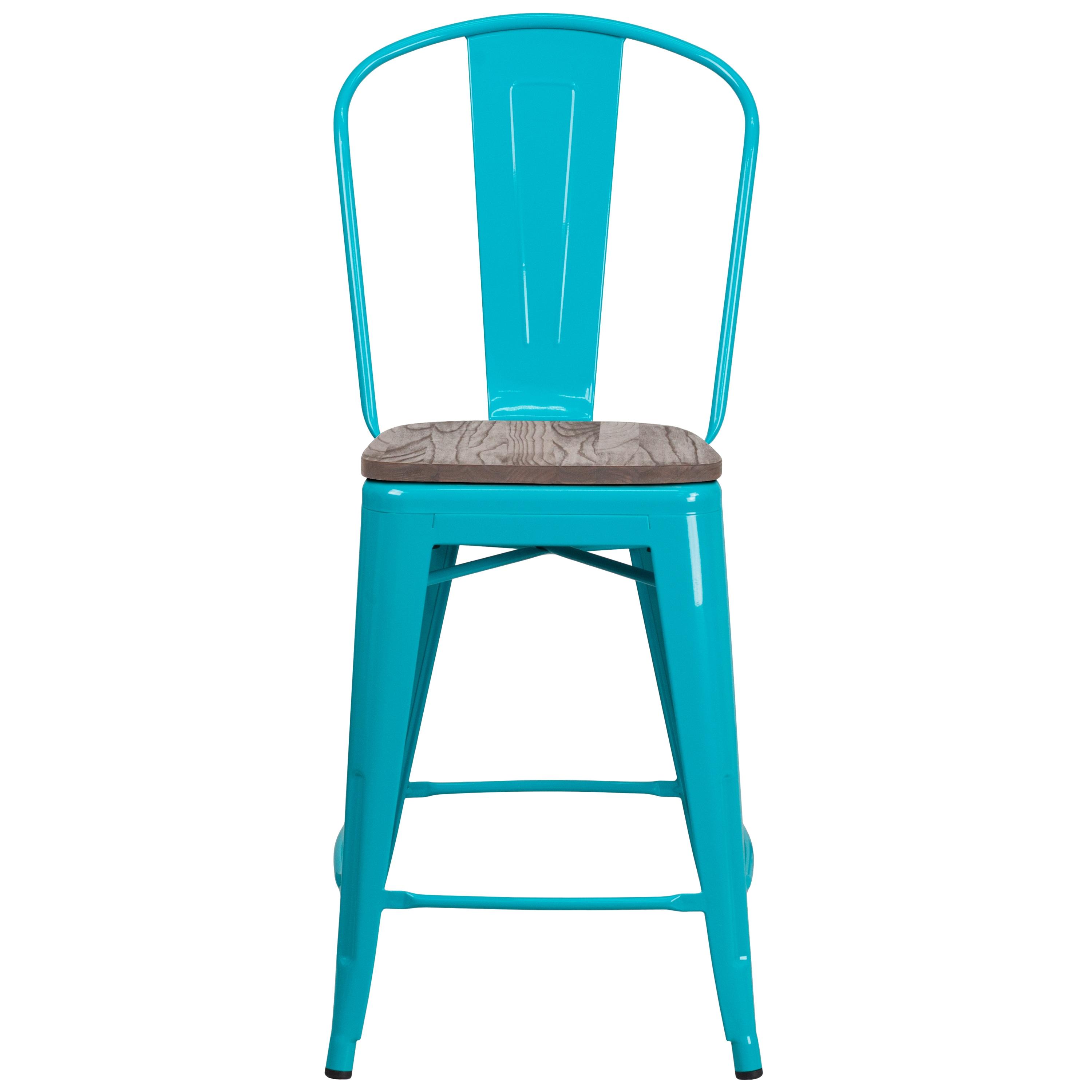 Flash Furniture 24" High Crystal Teal-Blue Metal Counter Height Stool with Back and Wood Seat