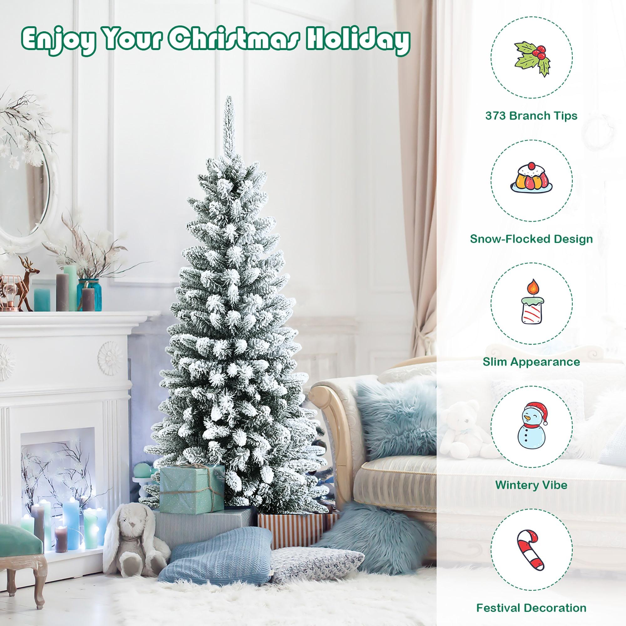 Spaco Snow-Flocked Hinged Artificial Christmas Pencil Tree with Mixed Tips, 4.5 Ft Artificial Christmas Pencil Tree, Artificial Christmas Tree for Indoor and Outdoor as Living Room, Garden, White