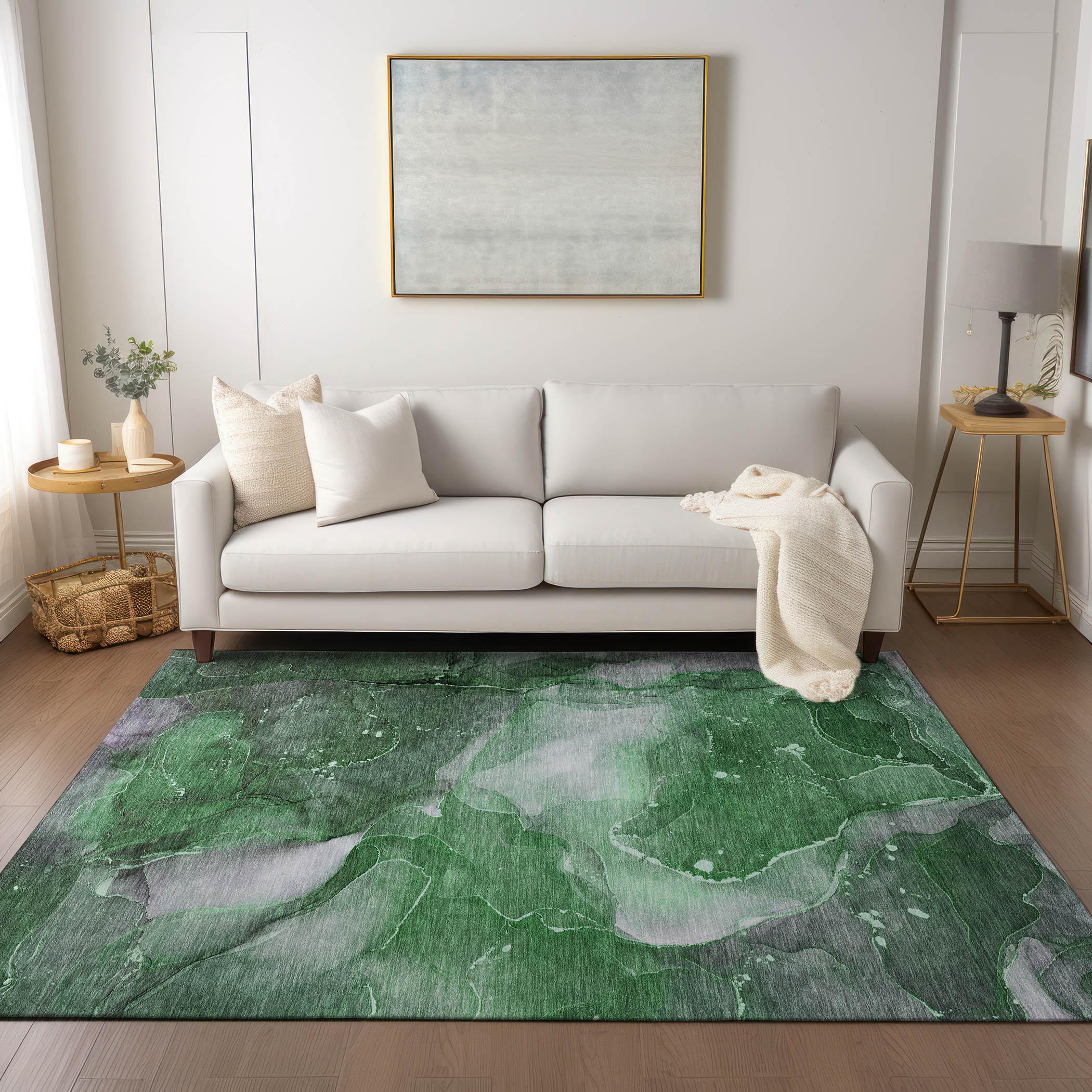 Emerald Green Abstract Watercolor Washable Synthetic Area Rug 3' x 5'