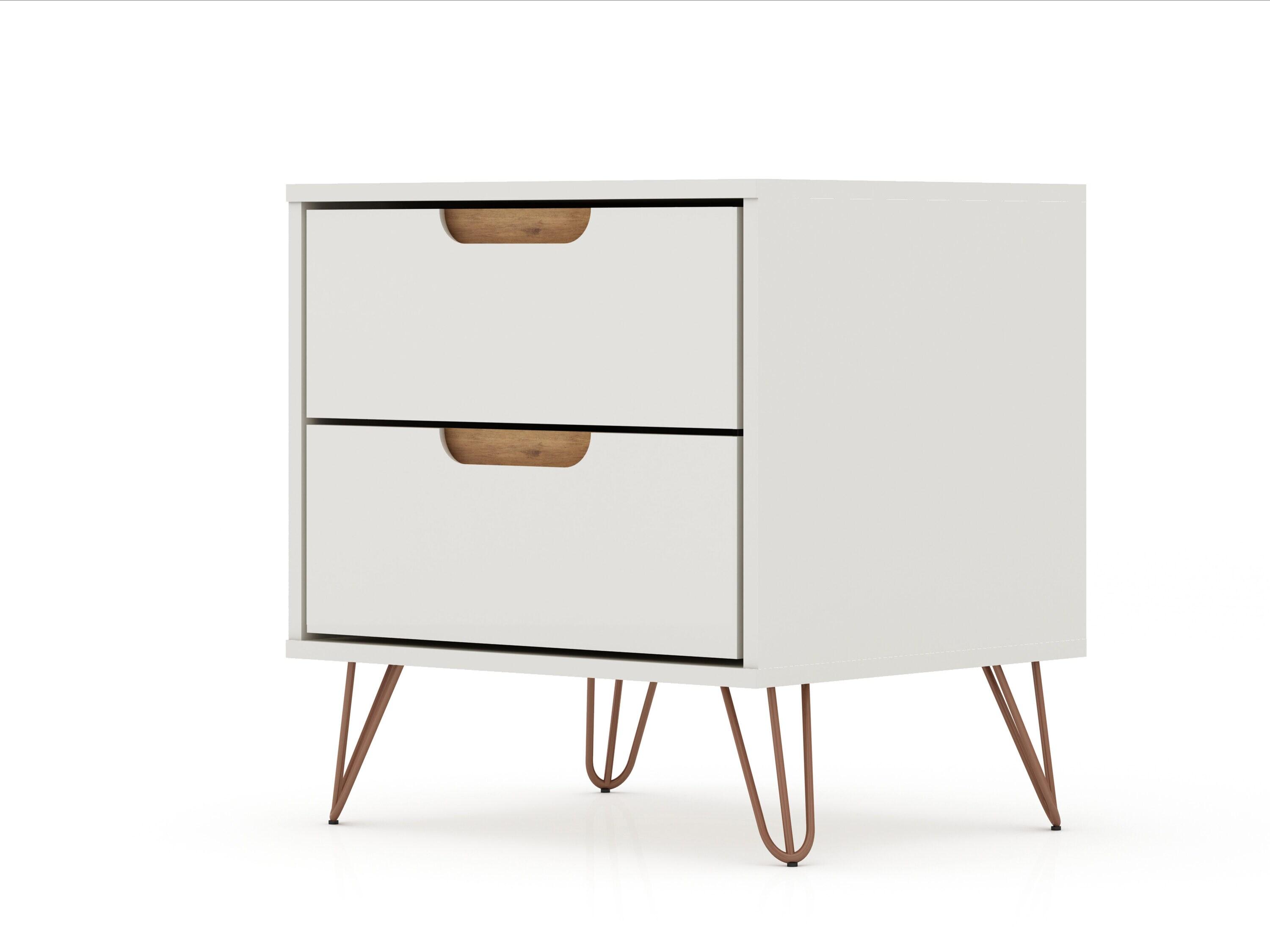 Manhattan Comfort 2.0 Rockefeller Nightstand Off White/Natural: Mid-Century Design, Splayed Metal Legs, Dual Drawers