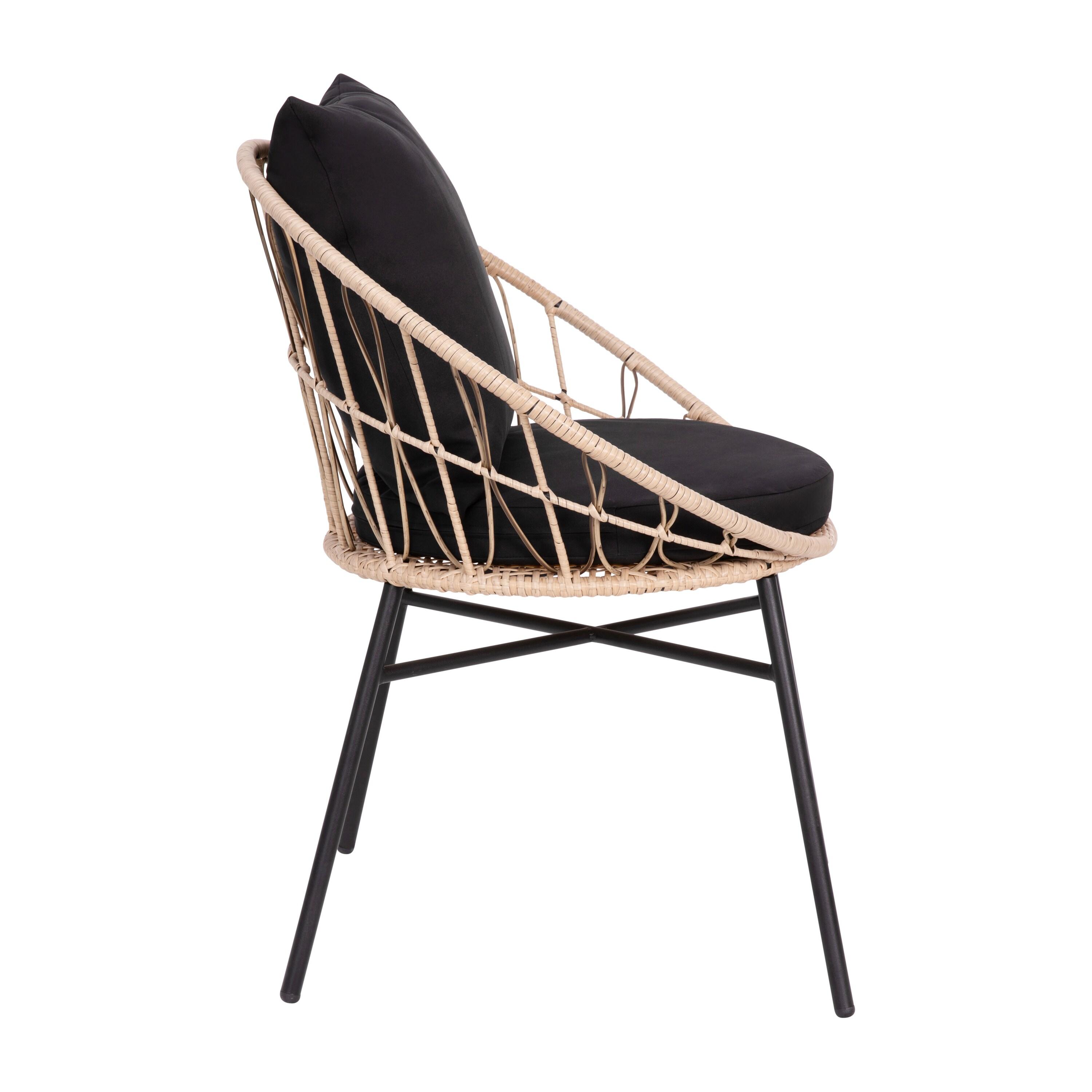 Taylor & Logan Fielder 3-Piece Tan Indoor/Outdoor Bistro Set with Papasan Style Rattan Rope Chairs, Glass Top Side Table & Black Cushions