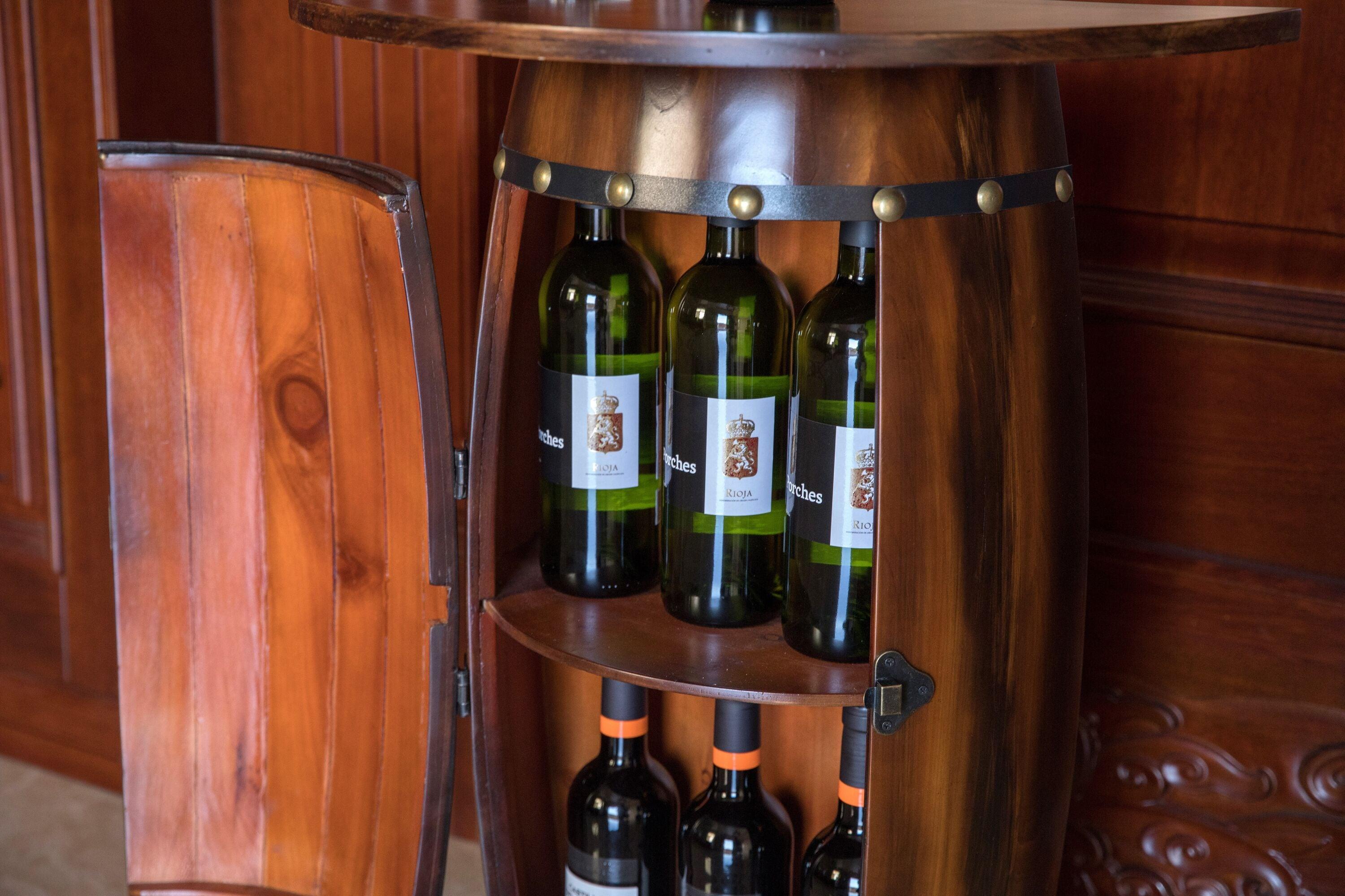 Vintiquewise Rustic Lockable Barrel Shaped Wine Bar Cabinet Wooden End Table