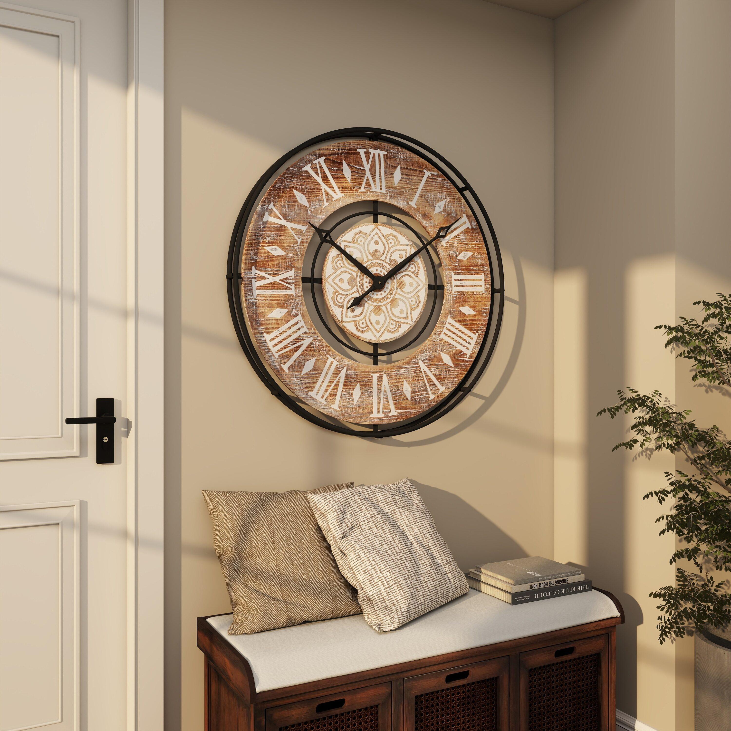 DecMode 34" Brown Metal Floral Wall Clock with Wood Accents