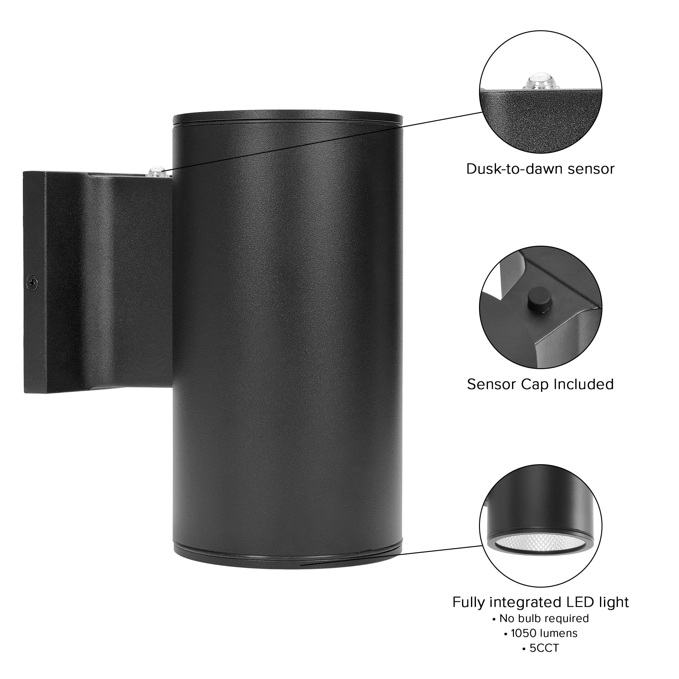 Maxxima Cylinder LED Outdoor Wall Light, Modern Wall Wash, 12 Watt, 1050 Lumens, 5 CCT 2700K/3000K/3500K/4000K/5000K, Dusk to Dawn Photocell Sensor, Exterior Garage, Patio, or Porch Lighting, Black