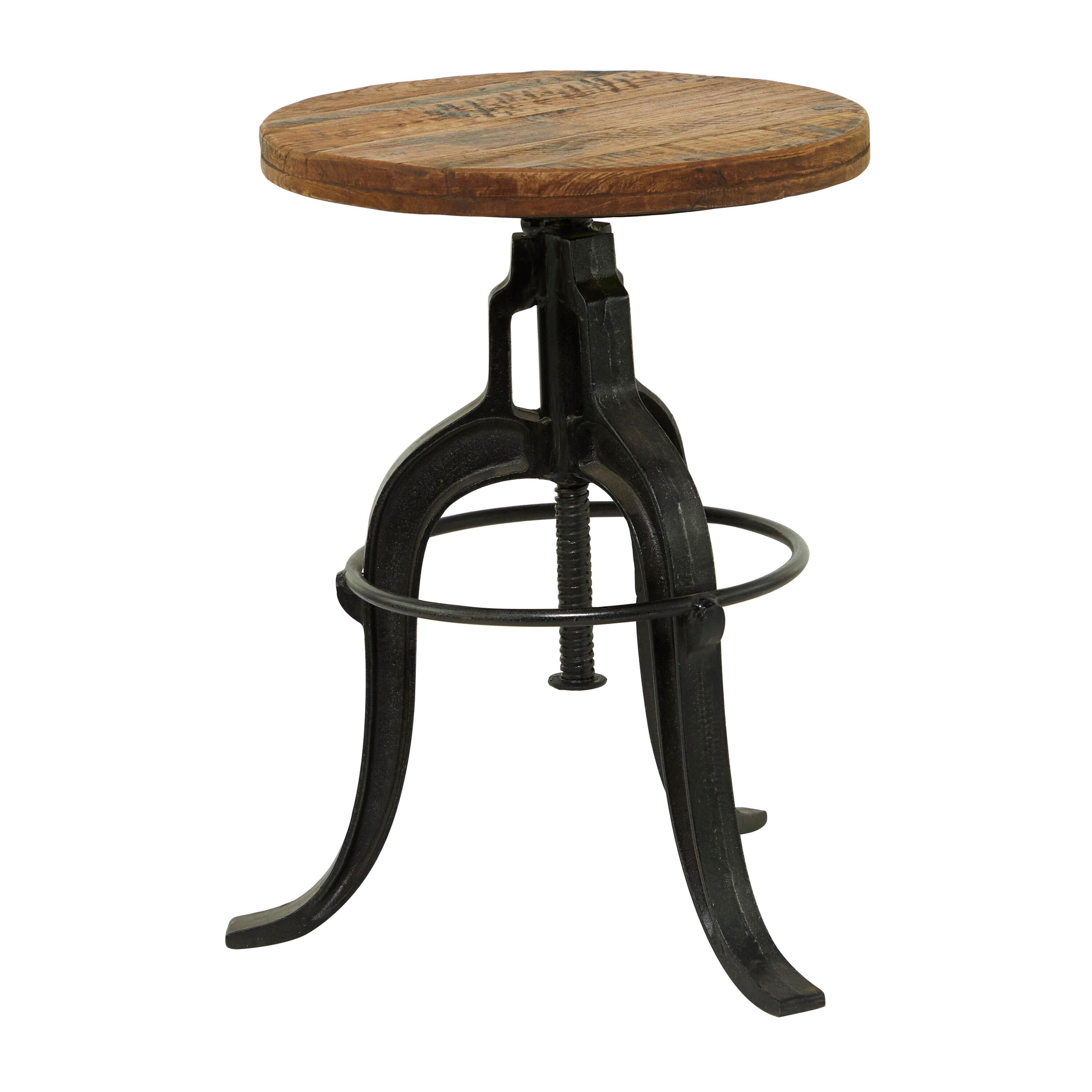 Keirnan Metal Vintage Industrial Inspired Living Room Stool with Brown Adjustable Wood Seat