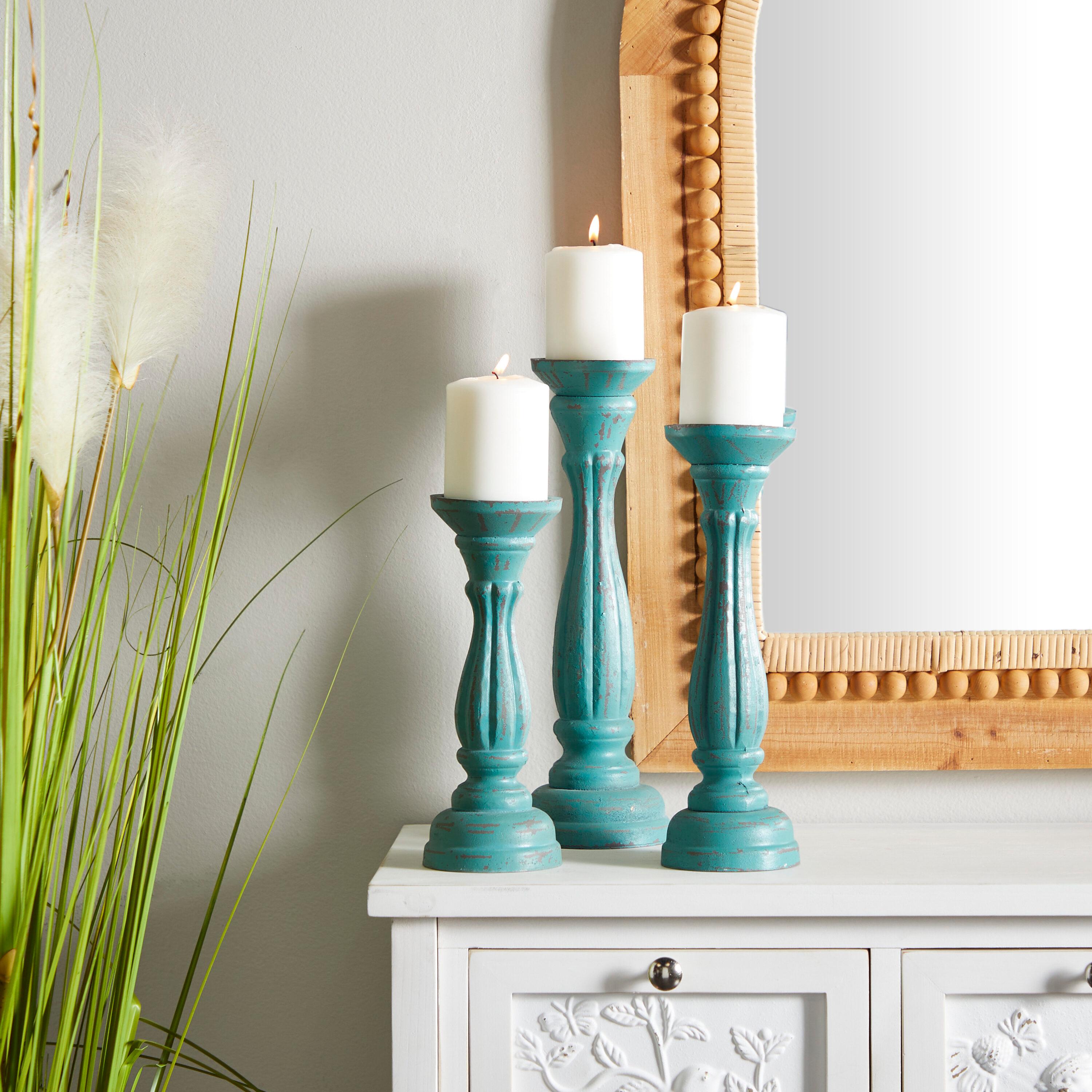 DecMode 3 Candle Blue Wooden Distressed Turned Pillar Candle Holder, Set of 3
