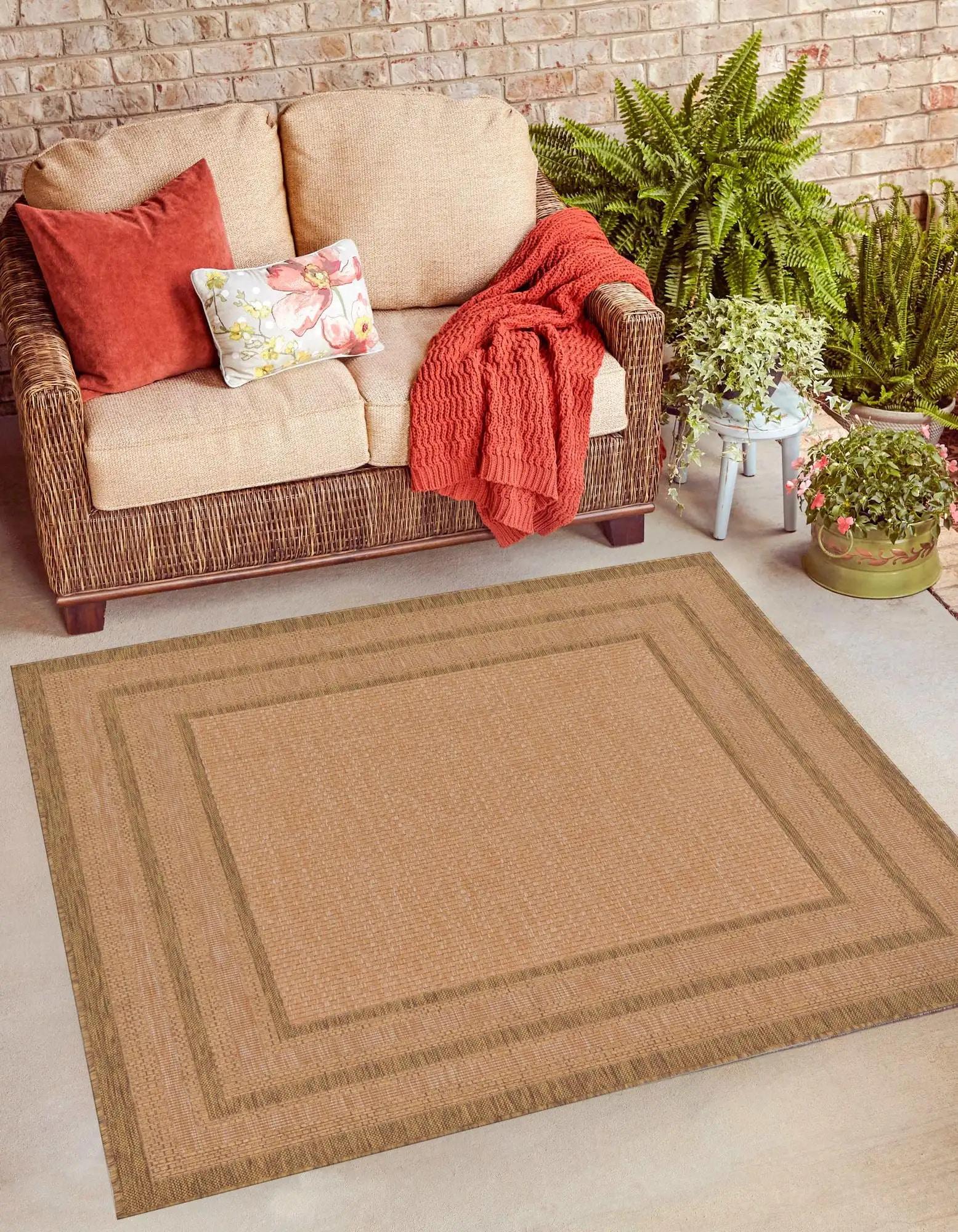 Multi Border Easy-Care Square Outdoor Rug 6' - Light Brown