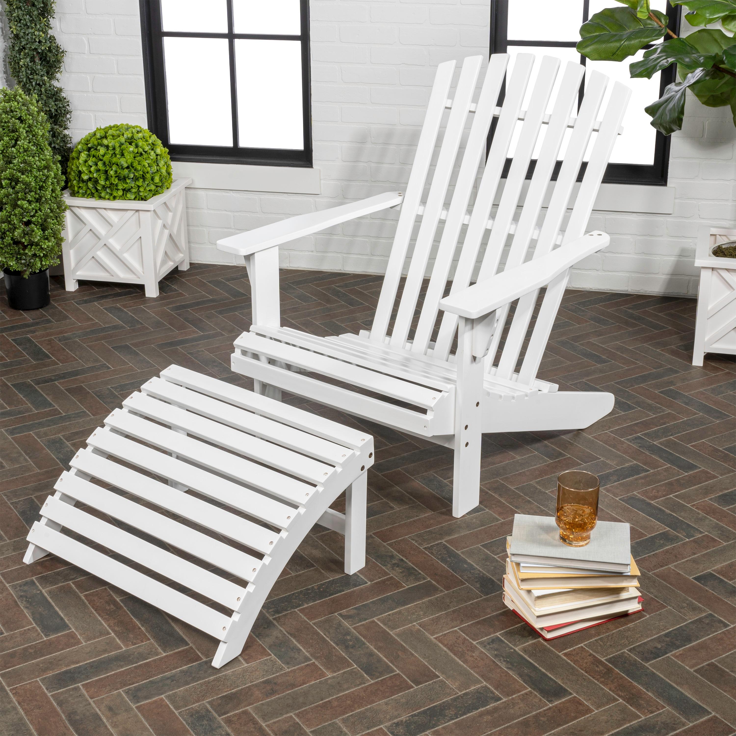 Saranac 2-Piece Traditional Rustic Acacia Wood Adirondack Chair with Detachable Ottoman, White - JONATHAN Y