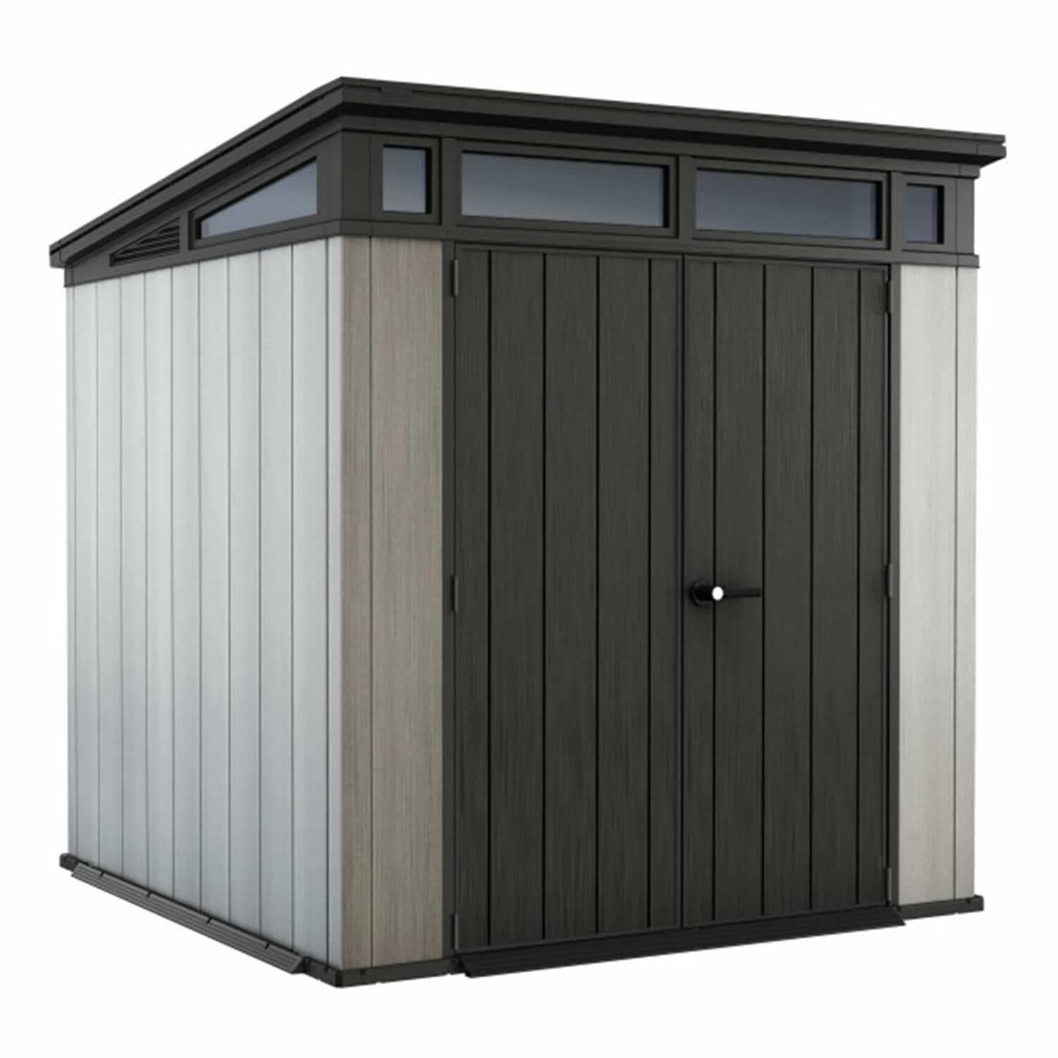 Keter Artisan 7x7 ft. Modern Durable Resin Outdoor Storage Shed With Floor and Double Doors for Garden Patio Furniture and Tools, Grey