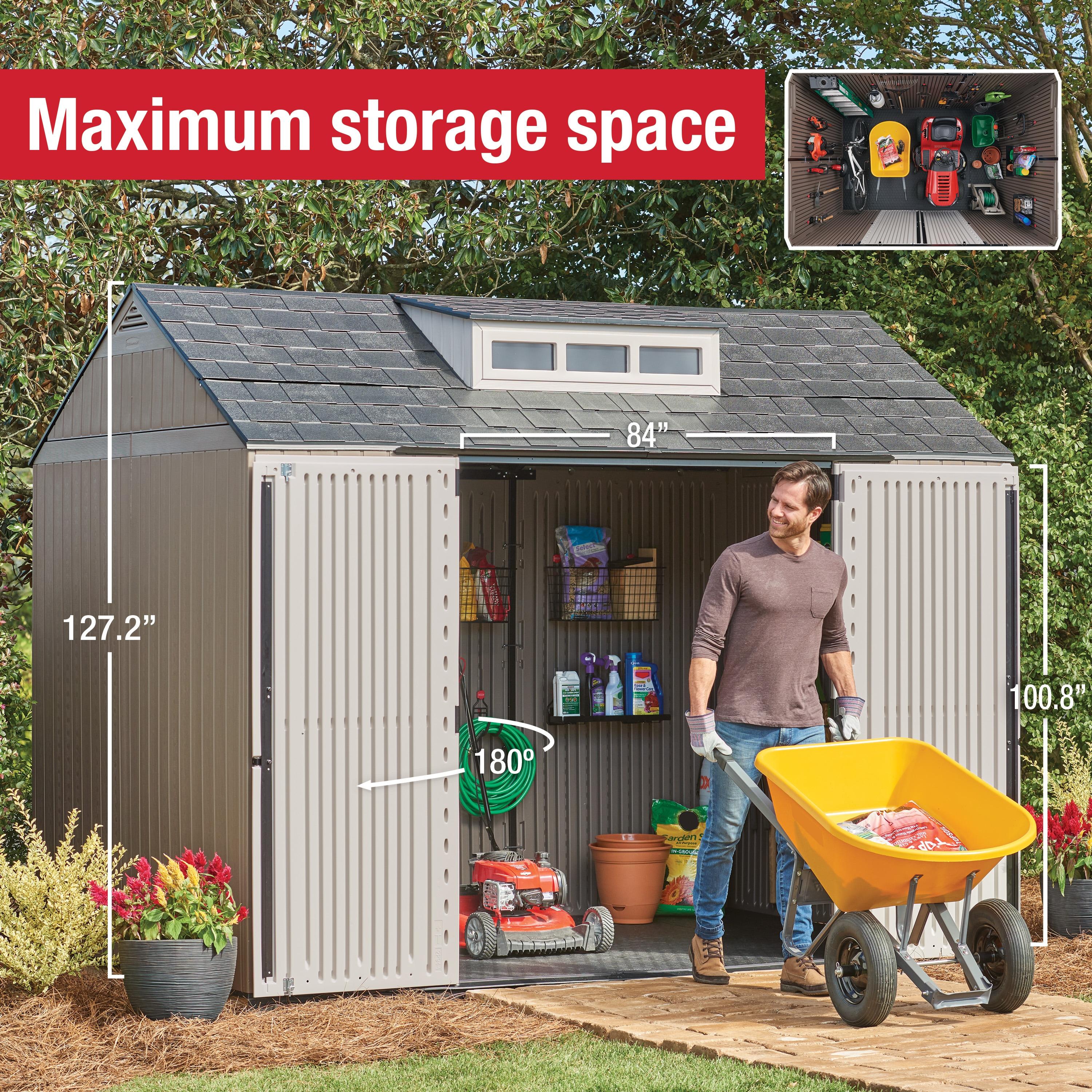 Rubbermaid Extra Large Resin Outdoor Storage Shed With Floor (7 x 10.5 Ft.) Weather Resistant Brown Organization for Home/Lawn Mower/Backyard Equipment/Bike Storage/Pool Supplies