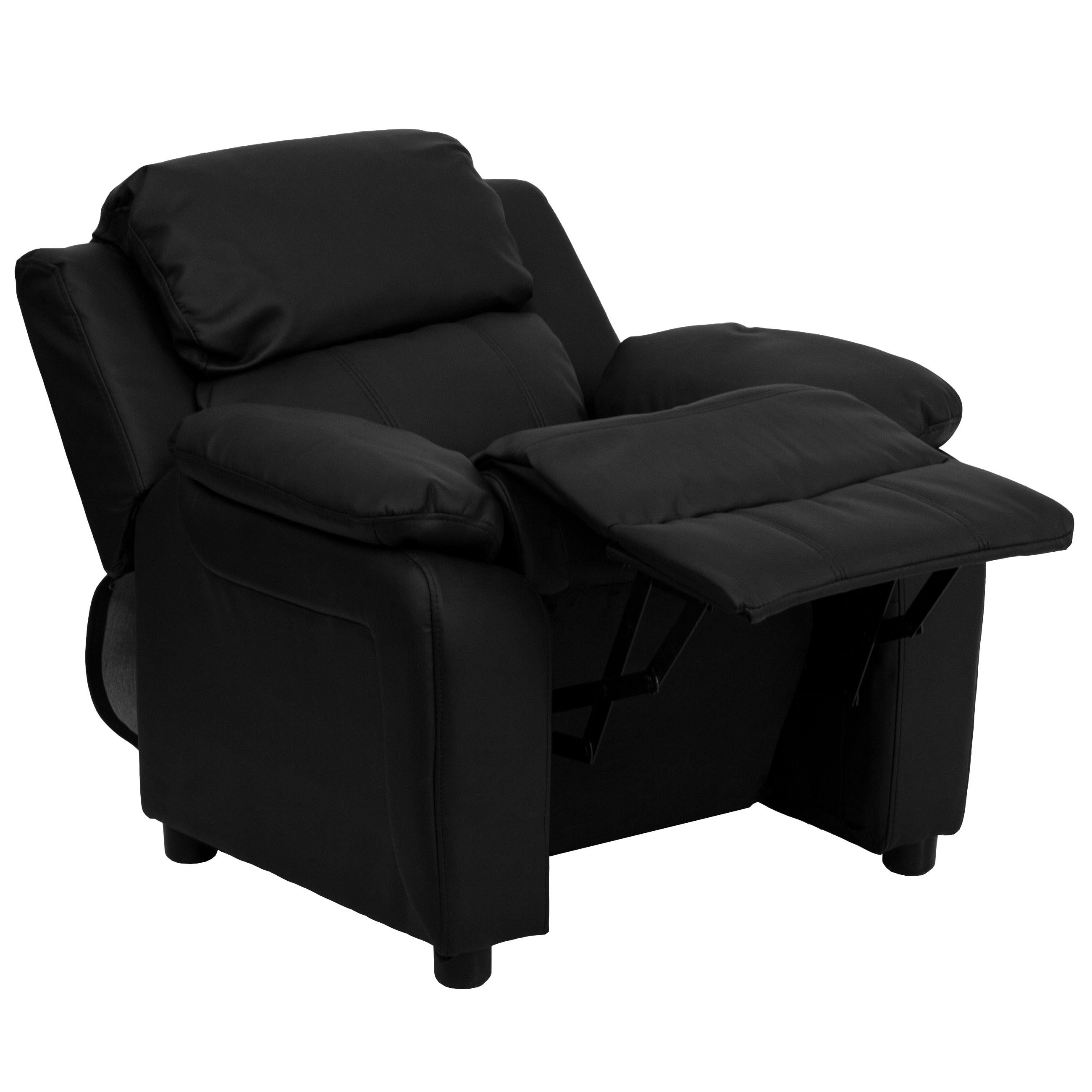 Flash Furniture Charlie Deluxe Padded Contemporary Black LeatherSoft Kids Recliner with Storage Arms