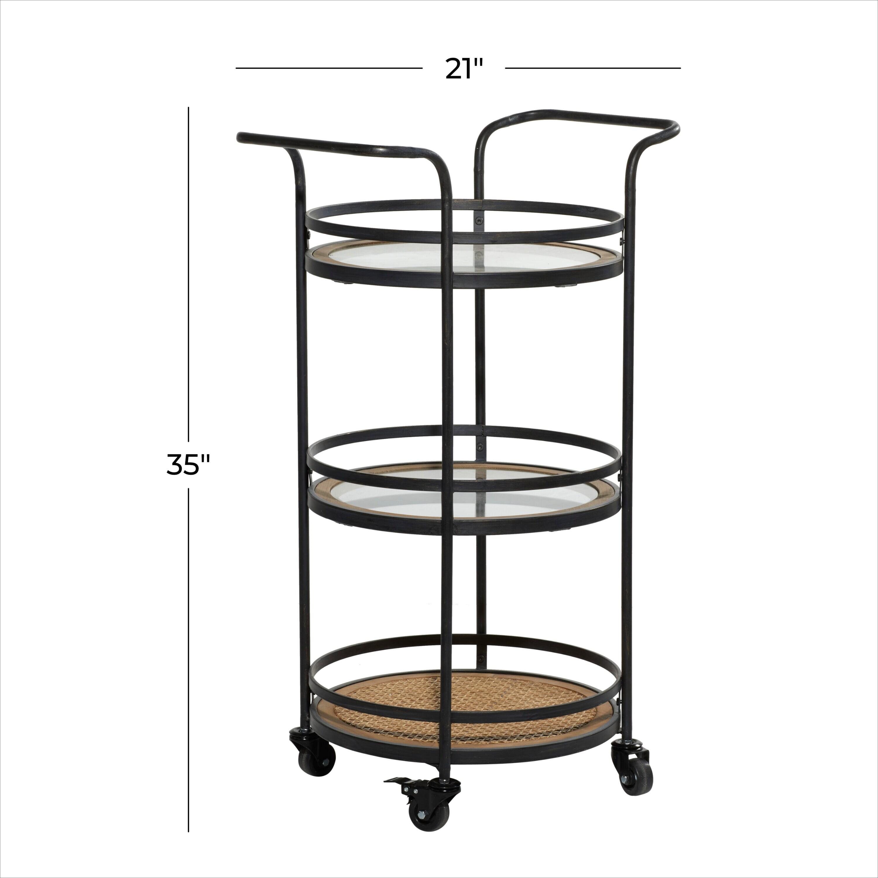 DecMode 21" x 35" Brown Metal Rolling 1 Rattan and 2 Glass Shelves Bar Cart with Handles, 1-Piece