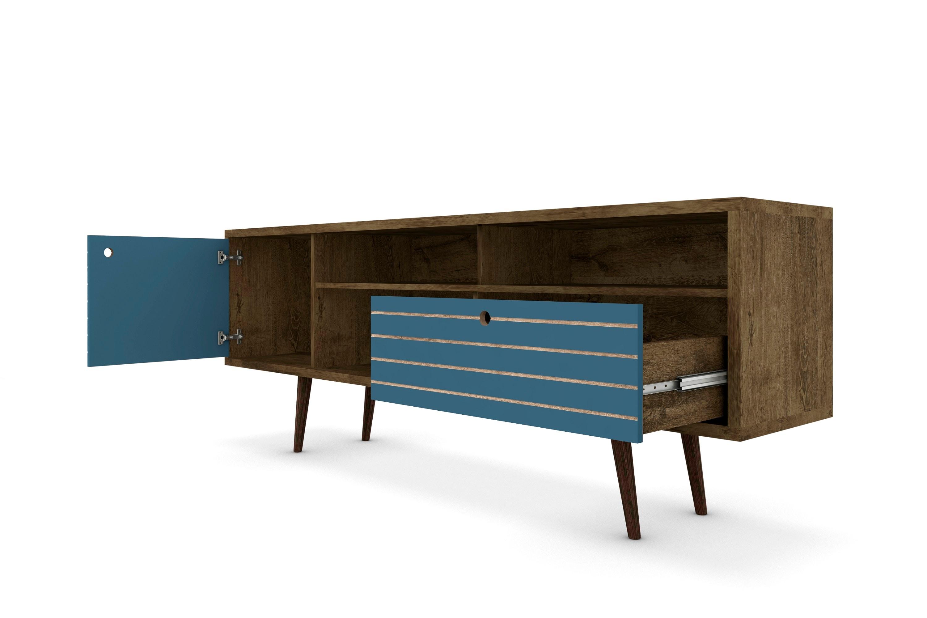 Liberty 3 Shelf and 1 Drawer TV Stand for TVs up to 65" Rustic Brown/Aqua Blue - Manhattan Comfort: Entertainment Center with Cable Management