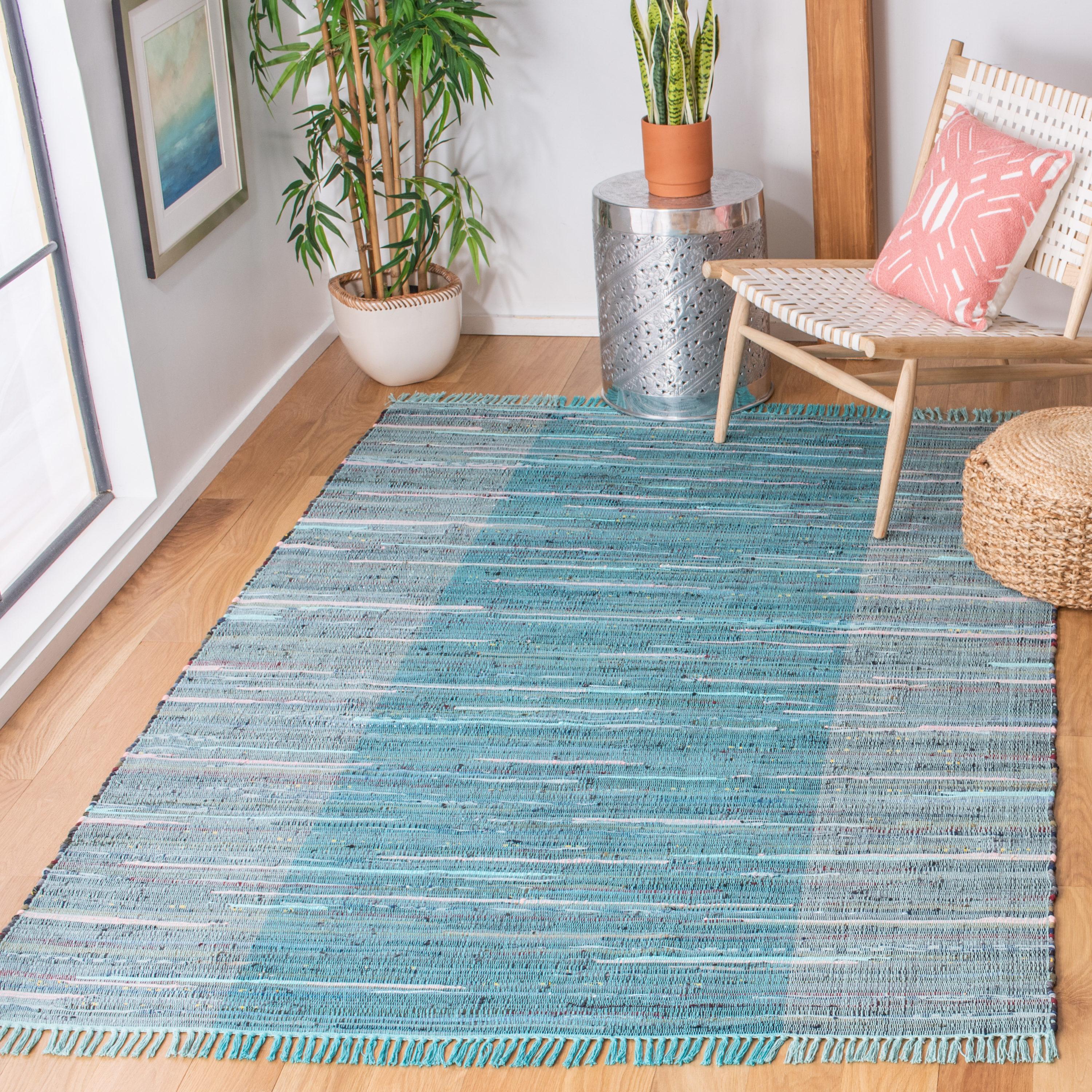 SAFAVIEH Rag Romeo Striped Fringe Cotton Area Rug, Light Blue/Grey, 9' x 12'