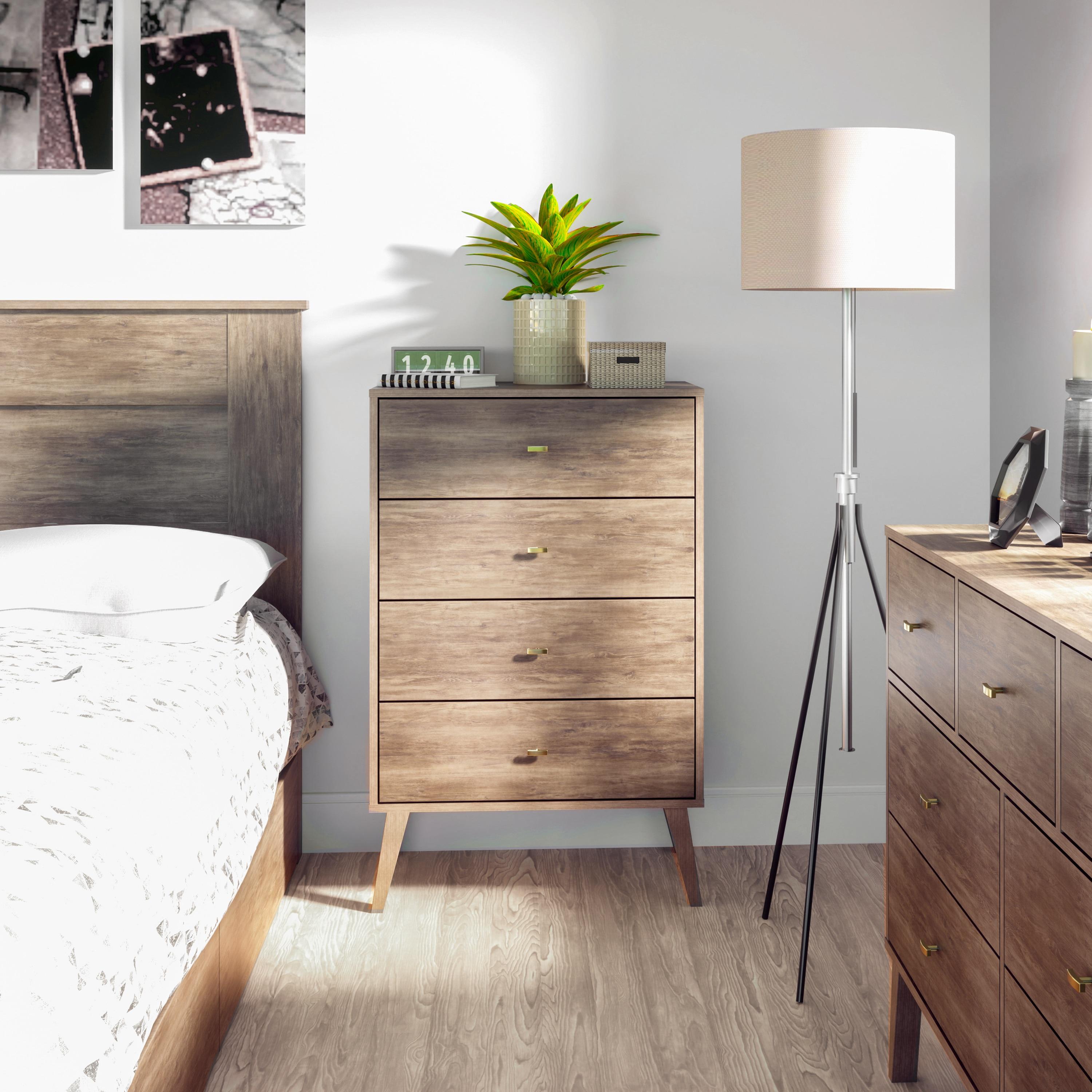 Mid-Century Modern 4 Drawer Chest Drifted Gray - Prepac: Sleek Bedroom Storage, Brass Knobs