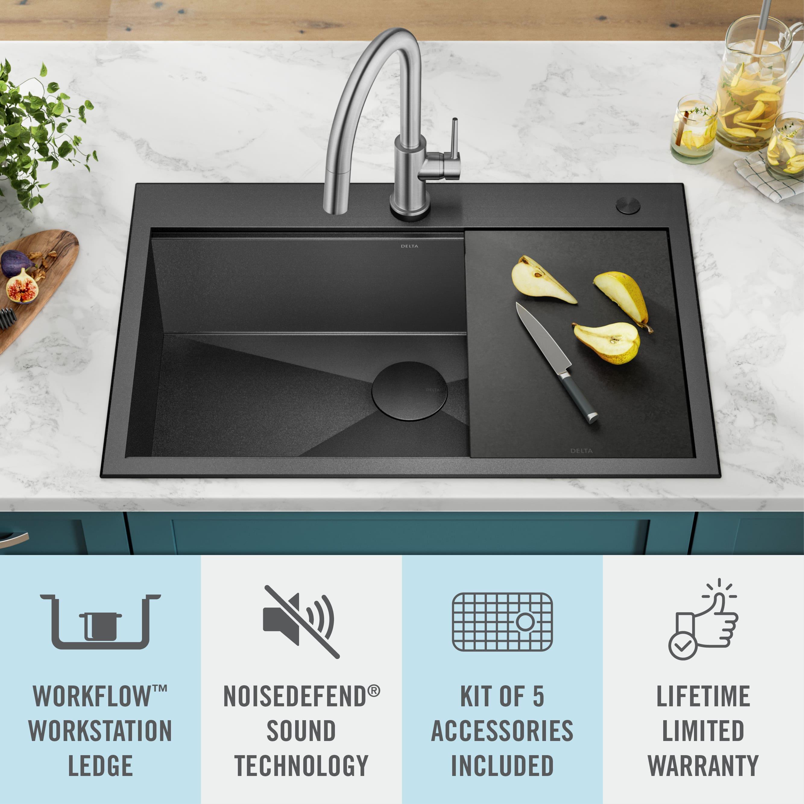 Delta Rivet™ Black Stainless Steel Drop-In Top Mount 16 Gauge Workstation Kitchen Sink Single Bowl