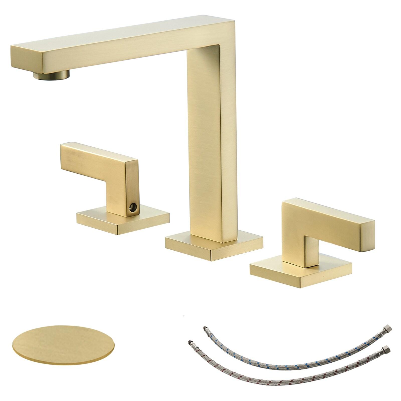 BWE Widespread Bathroom Faucet 3 Hole Brushed Gold with Supply Hose Bathroom Faucets for Sink 2-Handle 3 Pieces 8 Inch Basin Lavatory Mixer Tap Lead-Free