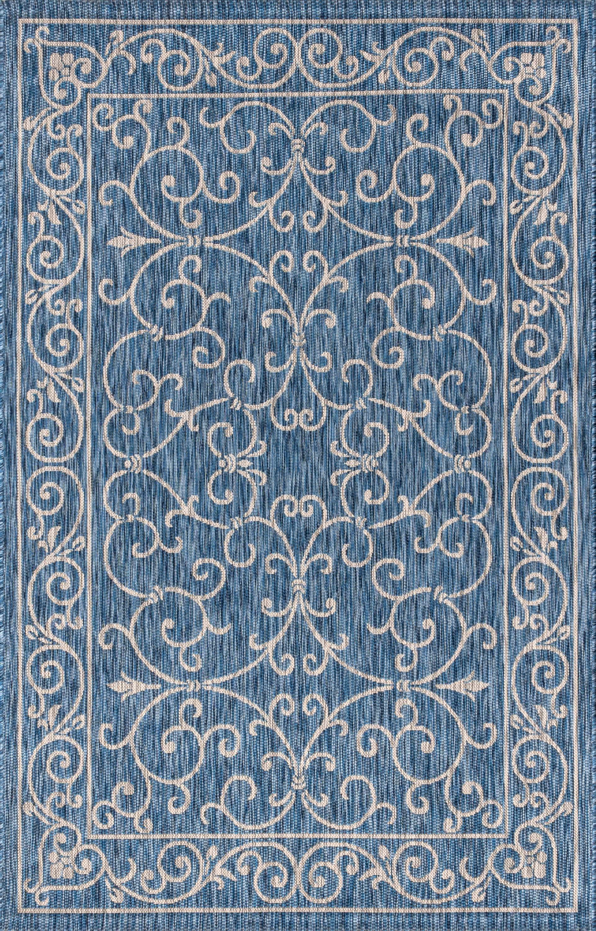 9' X 12' Charleston Vintage Filigree Textured Weave Indoor/Outdoor Area Rug, Navy/Gray - JONATHAN Y