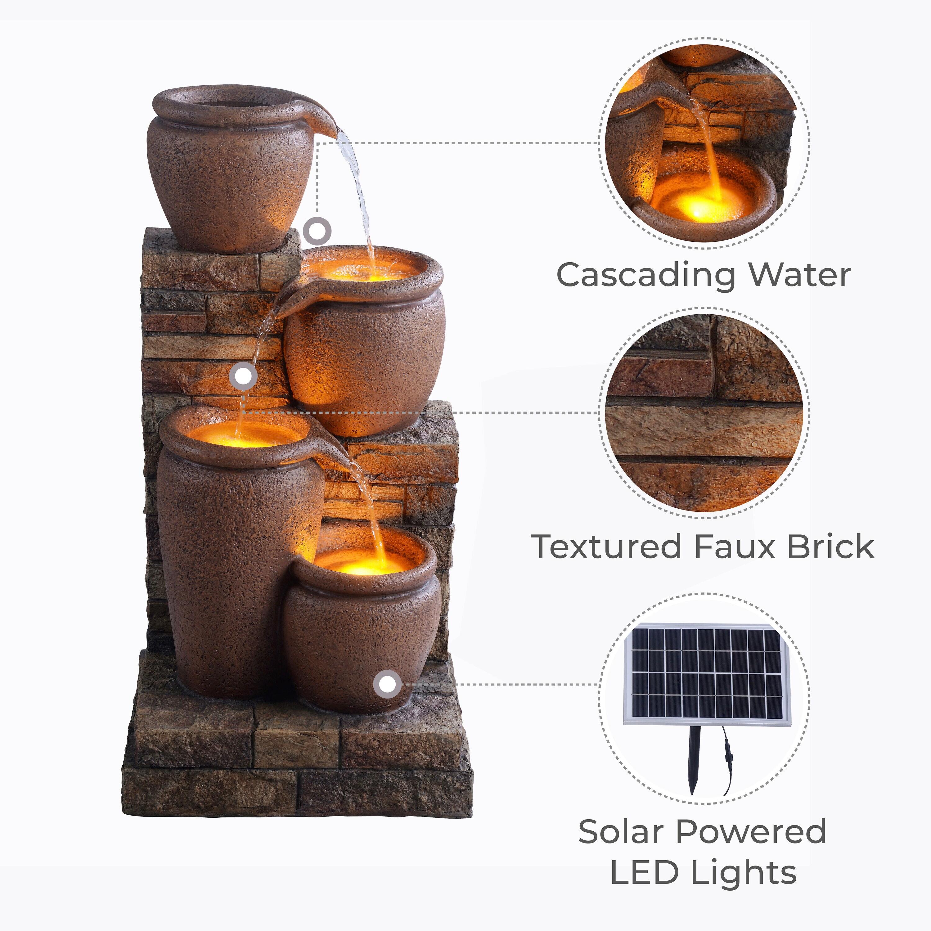 Teamson Home 30.71" 4-Tier Cascading Bowl Solar Powered Polyresin Waterfall Fountain: Outdoor LED, Faux Brick Design