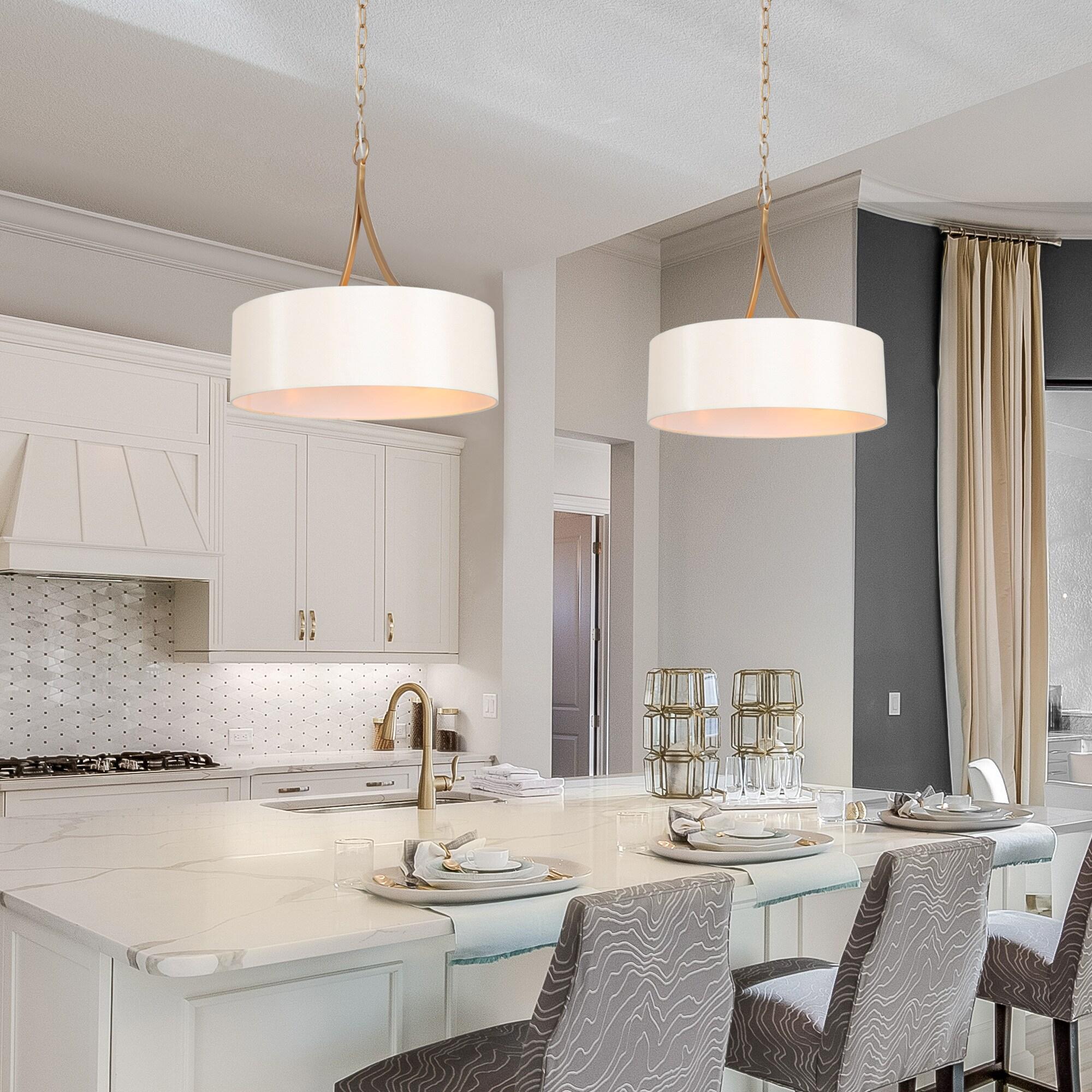 Zevni Modern 3-Light Dark Gold Farmhouse Chandelier, Classic Drum Pendant Light, Dining Room Island Pendant Hanging Light