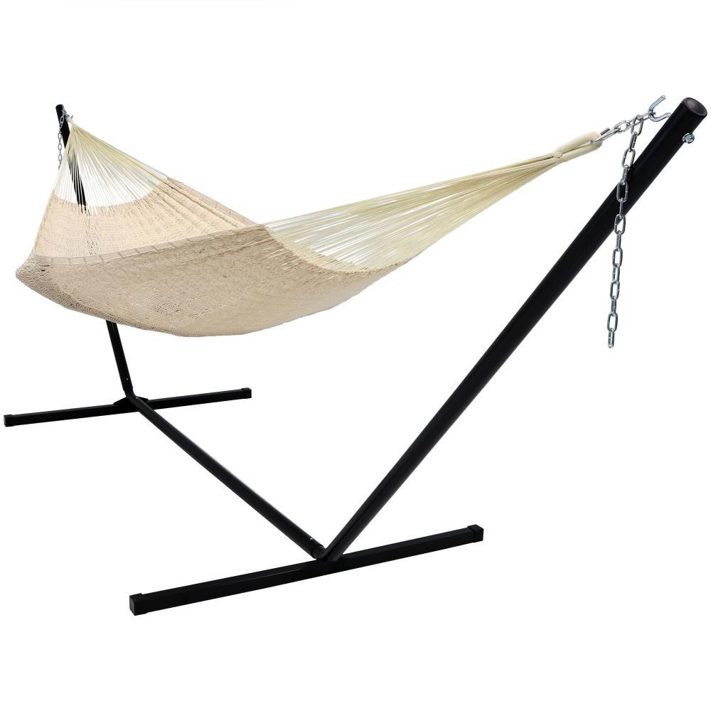 Sunnydaze Hand-Woven XXL Thick Cord Family Size Portable Mayan Hammock with Steel Stand -  400 lb Weight Capacity/15' Stand - Natural