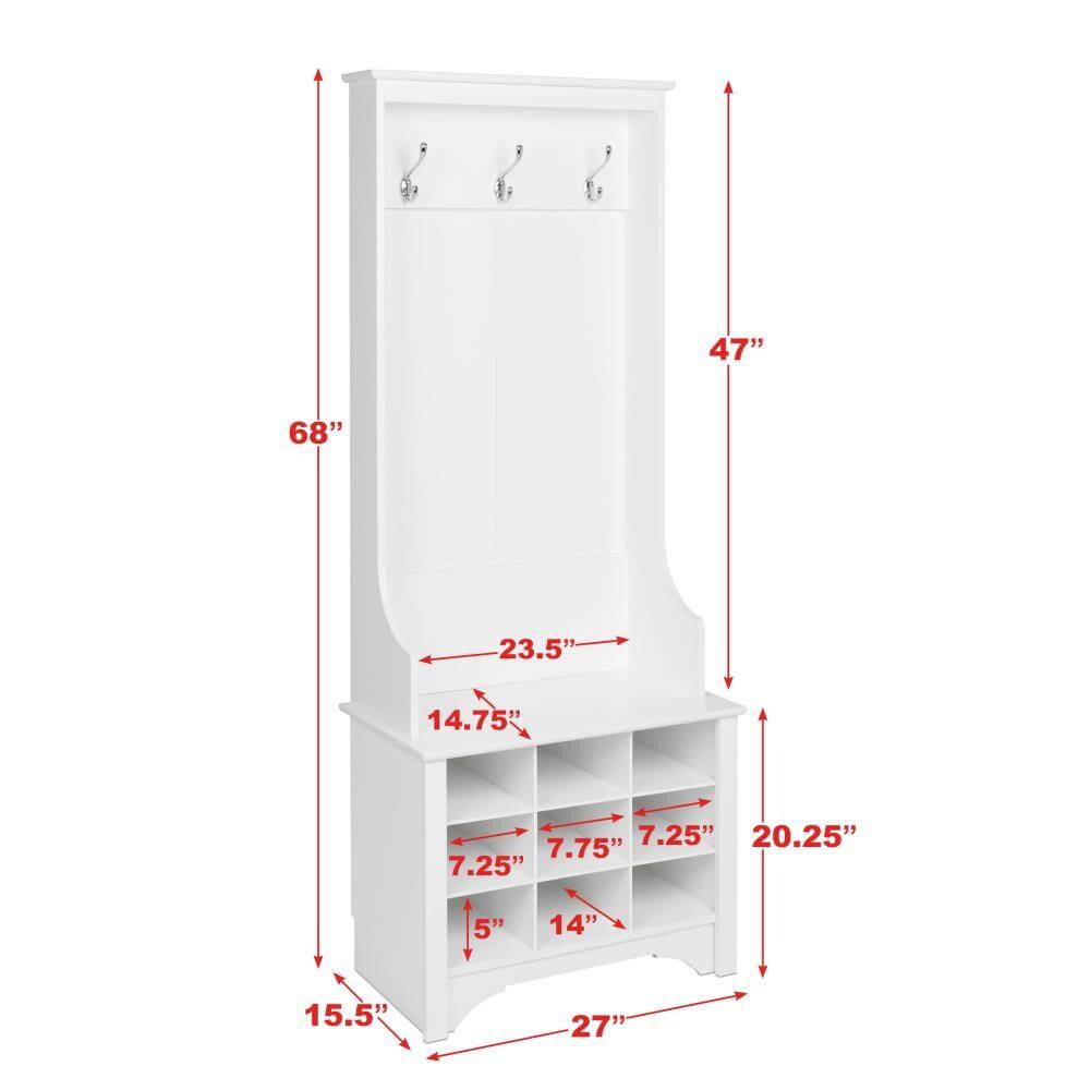 27" Narrow Hall Tree with 9 Shoe Cubbies White - Prepac: Modern Entryway Organizer, Mudroom Storage, Metal Hooks