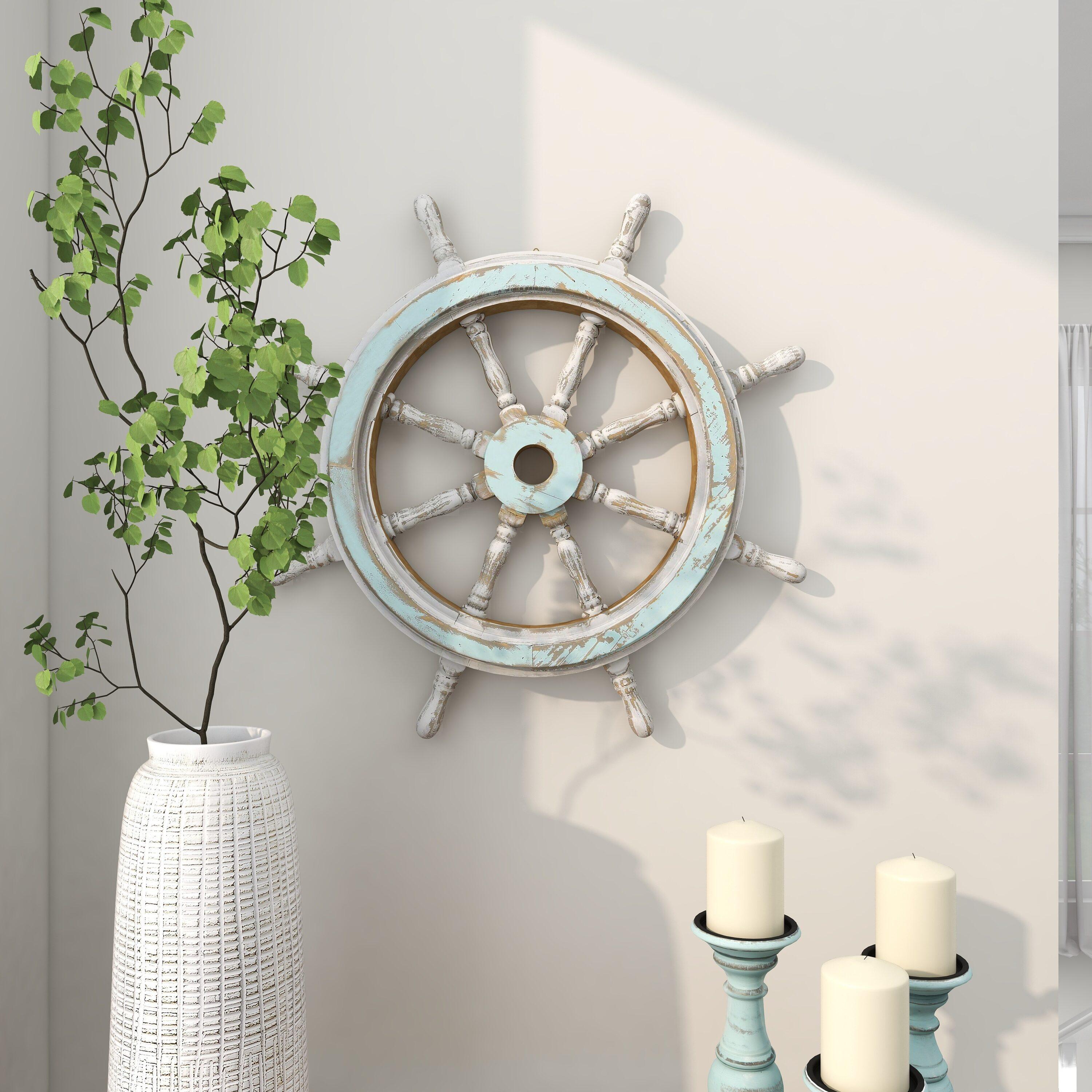 DecMode Blue Wood Ship Wheel Sail Boat Wall Decor with Distressing