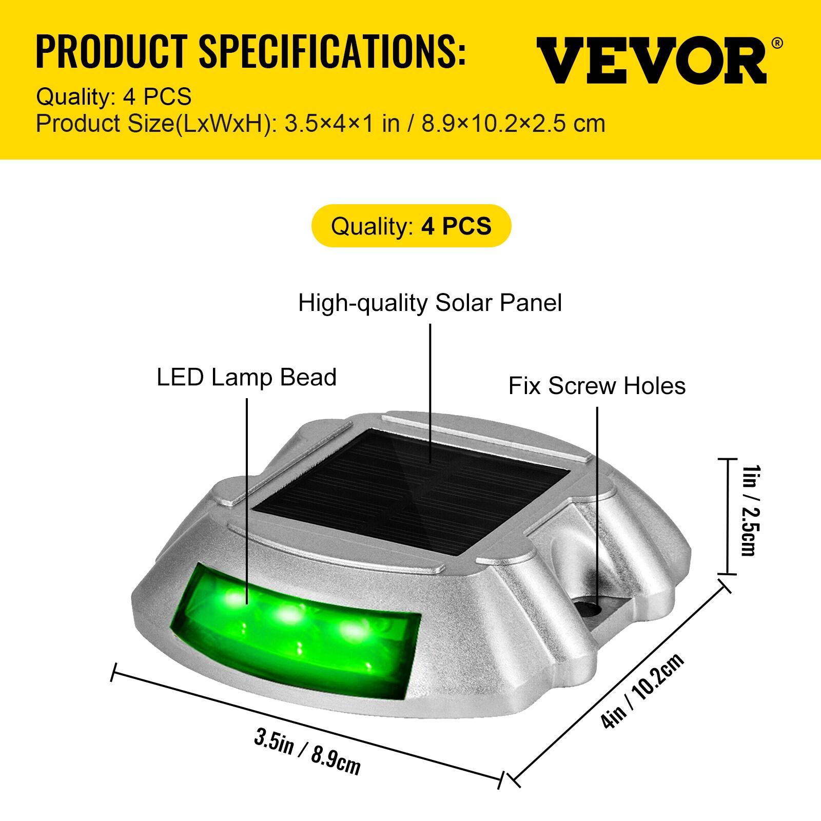 Vevor Solar Driveway Lights, 4-Pack With Switch Button, Waterproof Deck Lights, Wireless Dock 6 LEDs for Path Warning Garden Walkway Sidewalk Steps, LED Bright Green