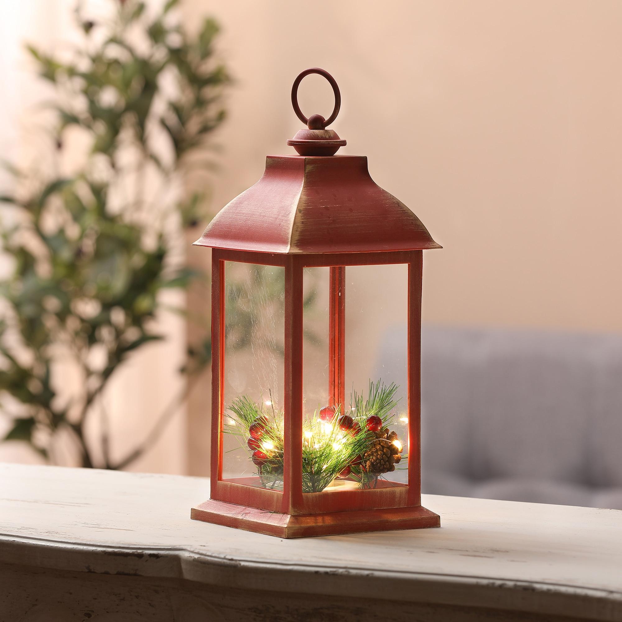 LuxenHome Lighted Berry and Pinecone Rustic Red Lantern Holiday Decoration, Tabletop and Centerpiece, Battery-Operated