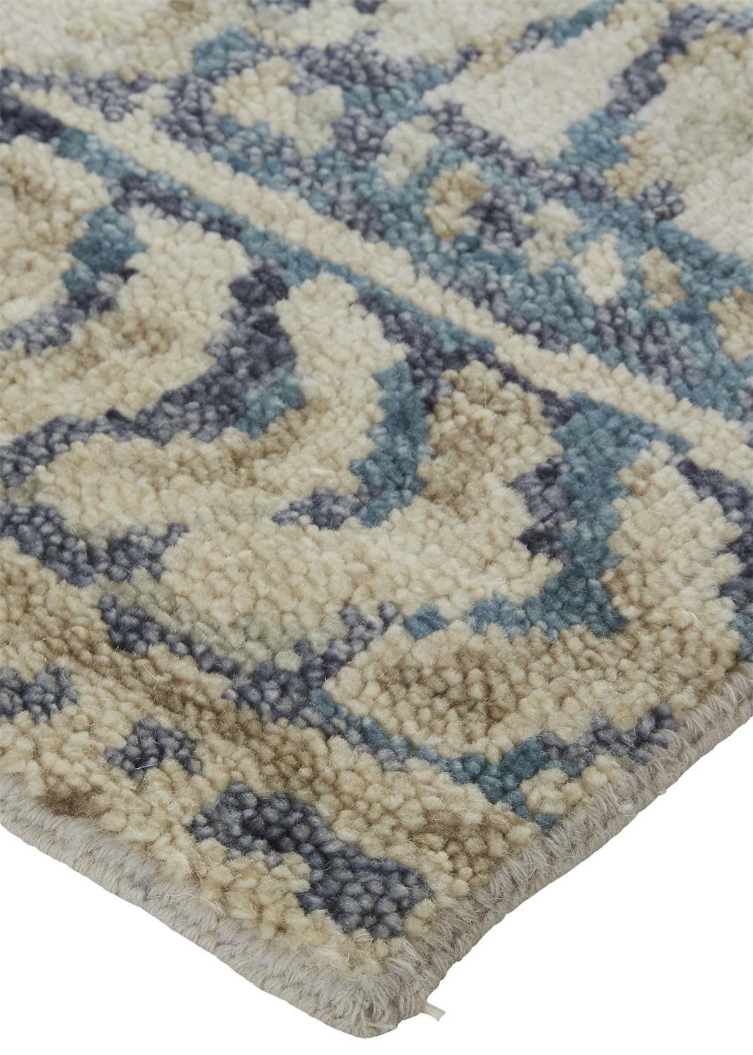 Ivory and Denim Blue Hand-Knotted Wool Abstract Rug