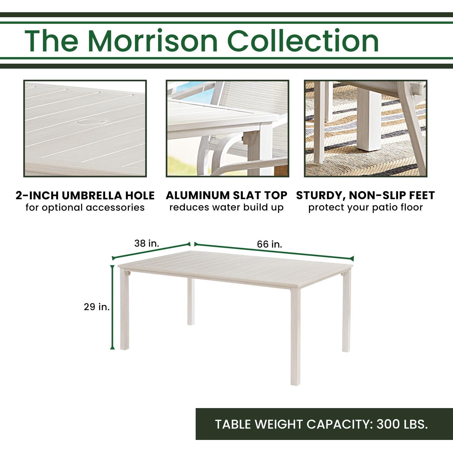 Hanover Morrison 7-Piece Outdoor Costal Dining Set with 6 Aluminum Sling Chairs and Slat Top 66" x 38" Table, Rust-Resistant - MORDN7PC-WHT