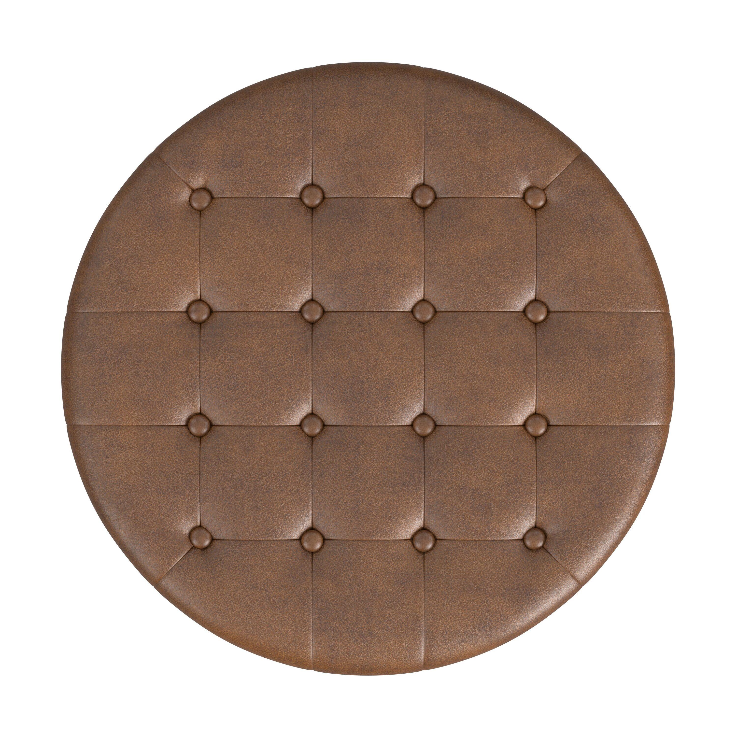 HomePop Tufted Faux Leather Round Storage Ottoman Brown: Upholstered Traditional Decor, Hardwood Frame