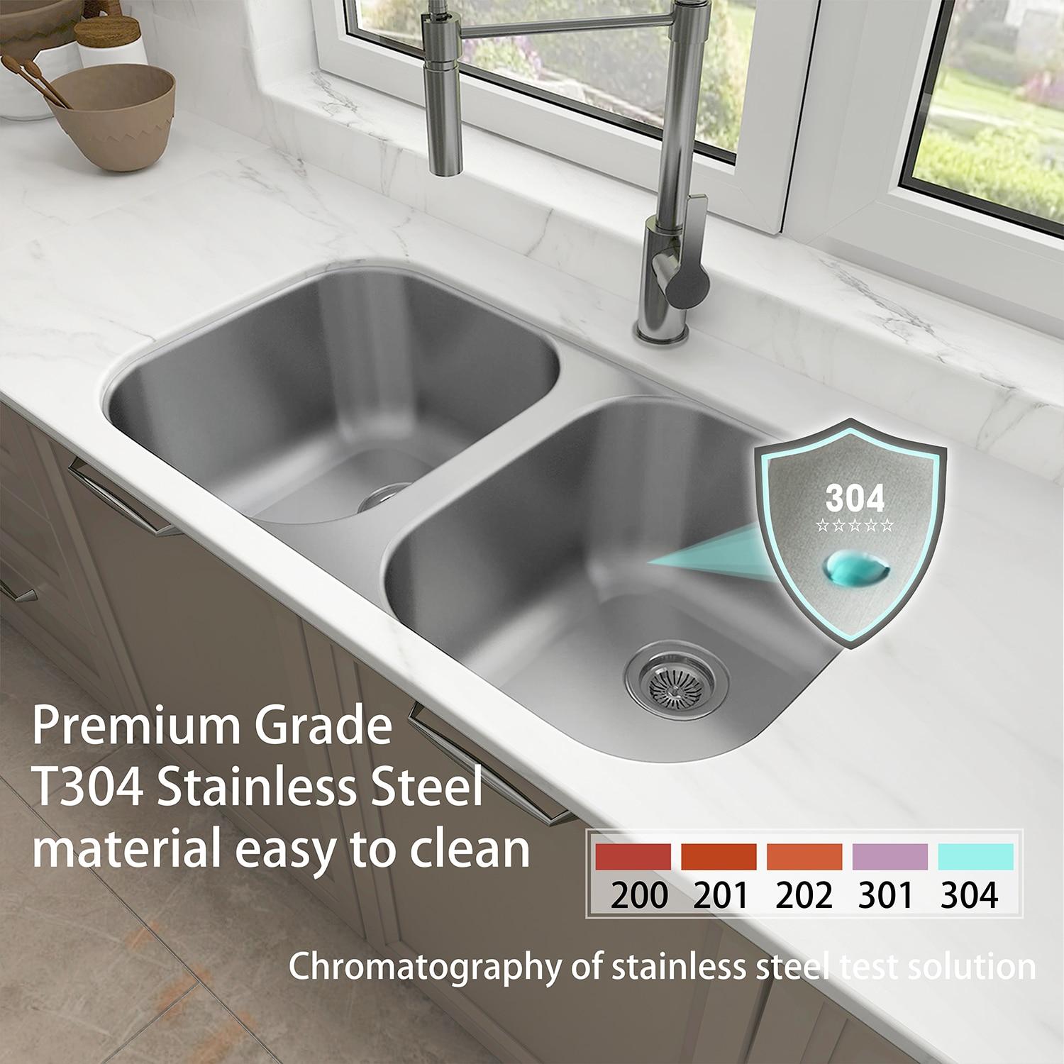Sinber 32" Undermount Double Bowl 304 Stainless Steel Kitchen Sink