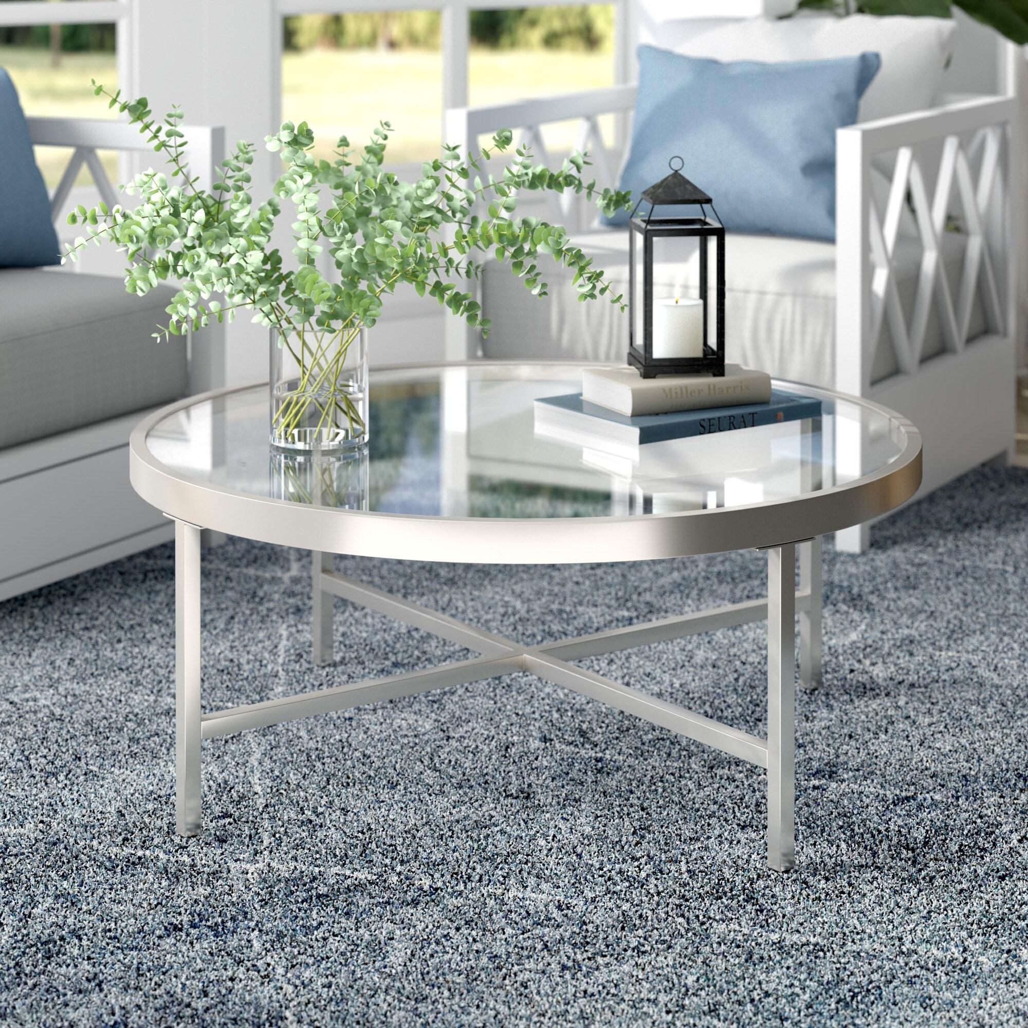 Evelyn&Zoe Xivil 36" Wide Round Coffee Table with Glass Top, Satin Nickel