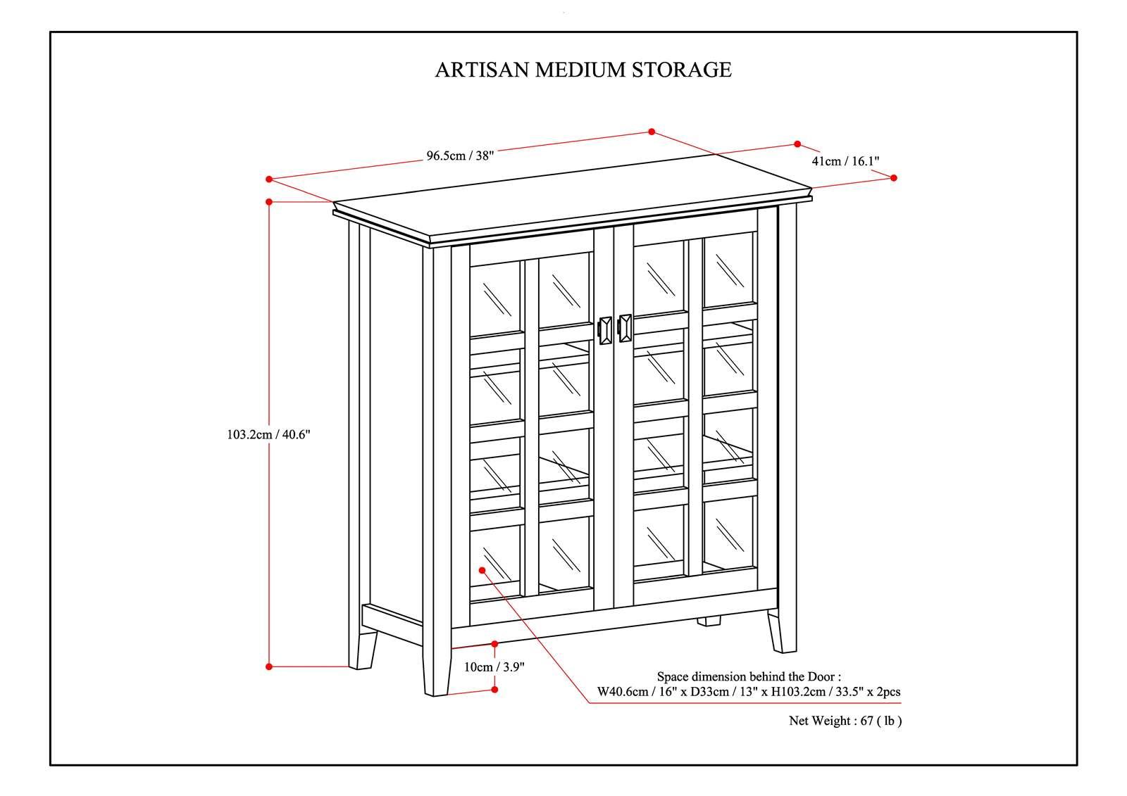 Simpli Home Artisan 38"W Solid Wood 4-Shelf Medium Storage Cabinet with Glass Doors and Adjustable Shelves