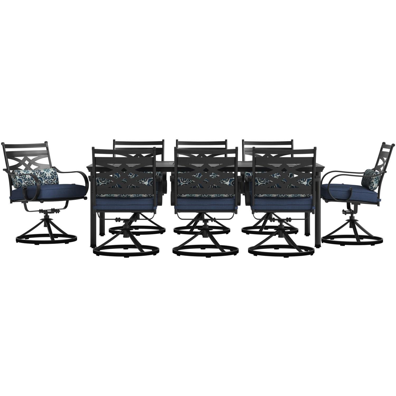 Hanover Montclair 9-Piece All-Weather Outdoor Patio Dining Set, 8 Swivel Rocker Chairs with Comfortable Seat and Lumbar Cushions, 84"x42" Stamped Rectangle Table, MCLRDN9PCSW8-NVY