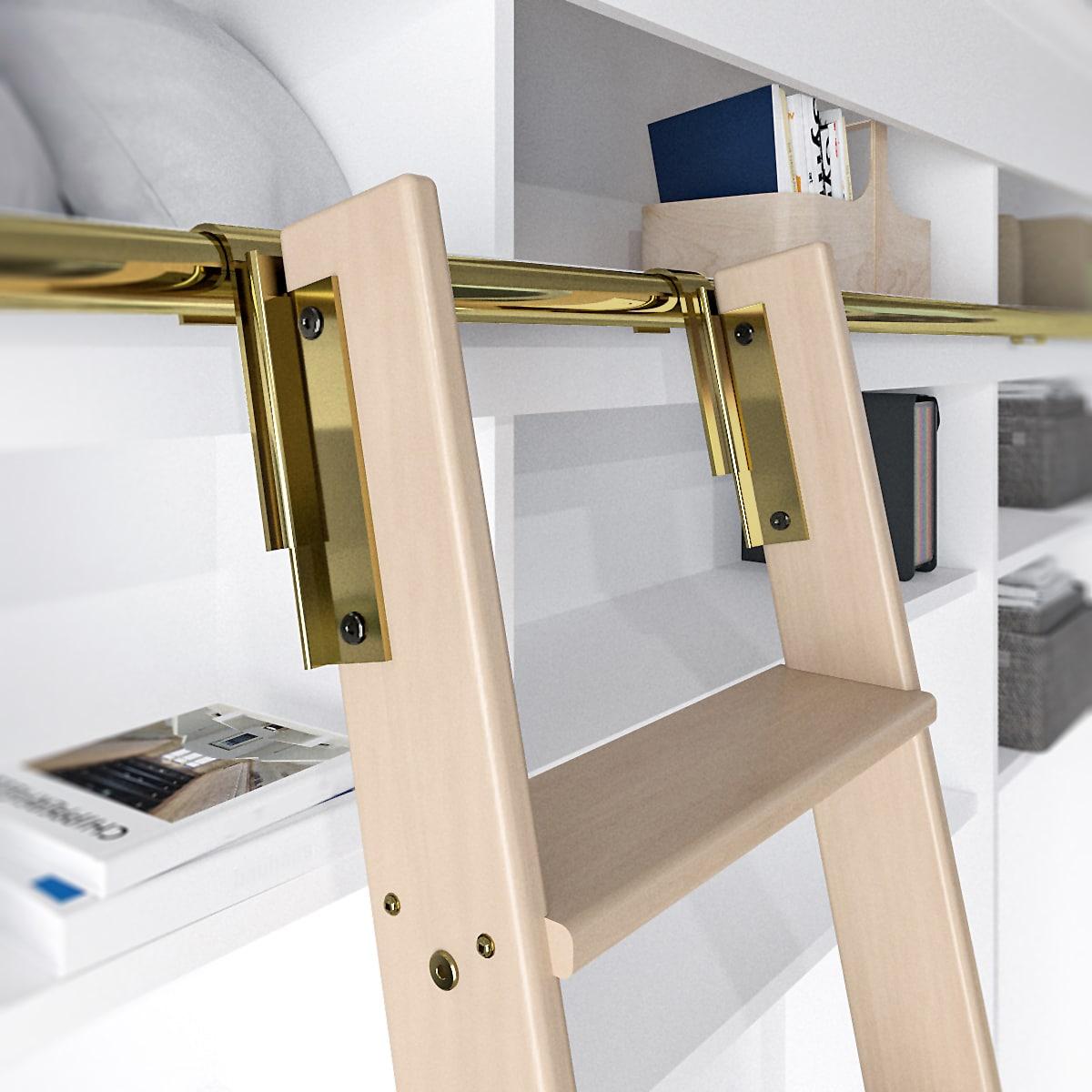 92 in. Clear Finished Red Oak Library Ladder (104 in. Reach) Polished Brass Top Hook Ladder Kit with 12 ft. Rail